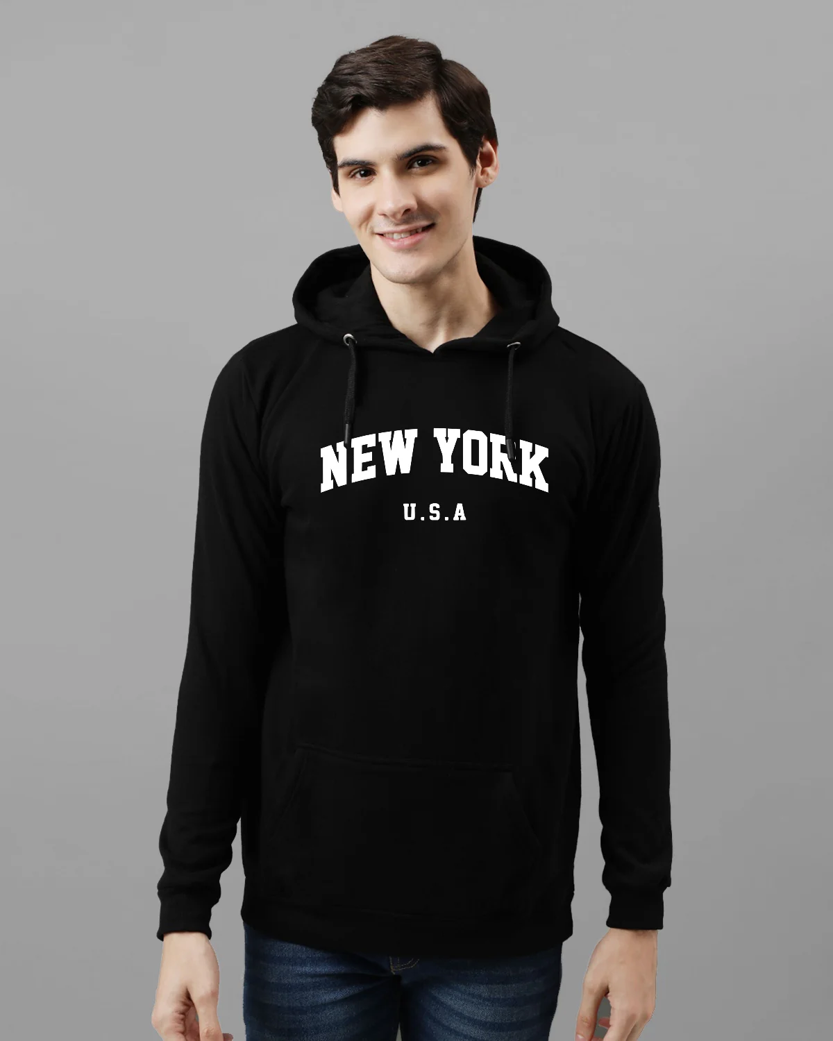 Men Black Printed Cotton Hoodie