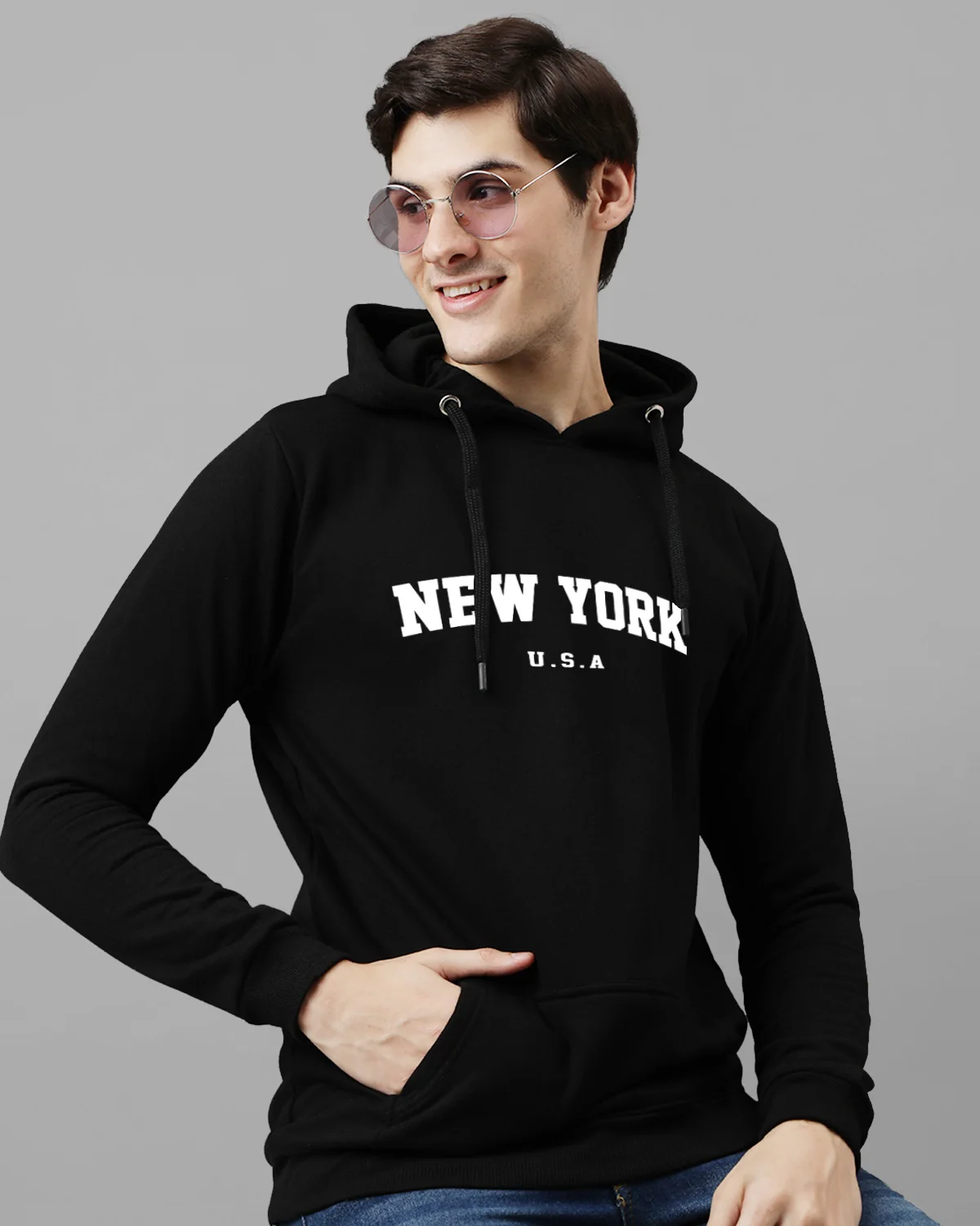 Men Black Printed Cotton Hoodie - Image 2