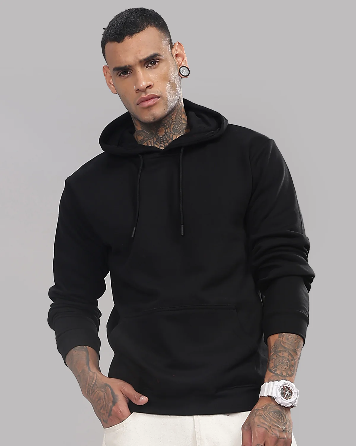 Men Black Cotton Fleece Hoodie - Image 2