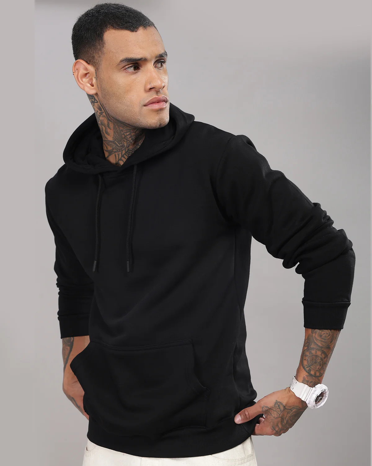 Men Black Cotton Fleece Hoodie - Image 3
