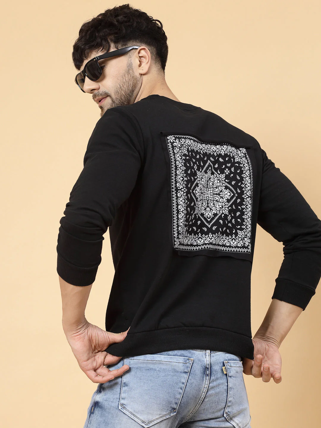 Men Black Printed Patch On Back Fleece Round Neck Sweatshirt - Image 2