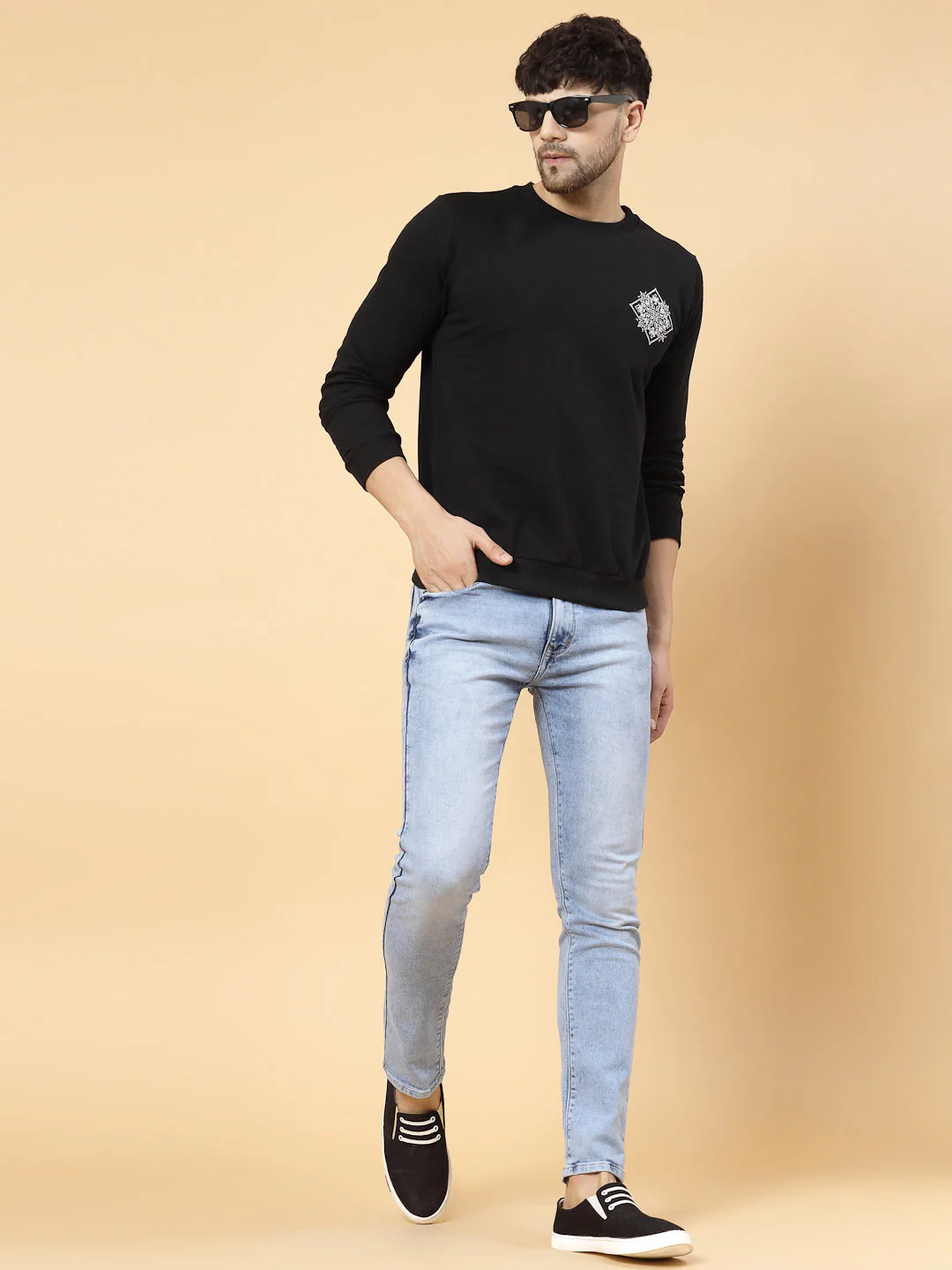 Men Black Printed Patch On Back Fleece Round Neck Sweatshirt - Image 3