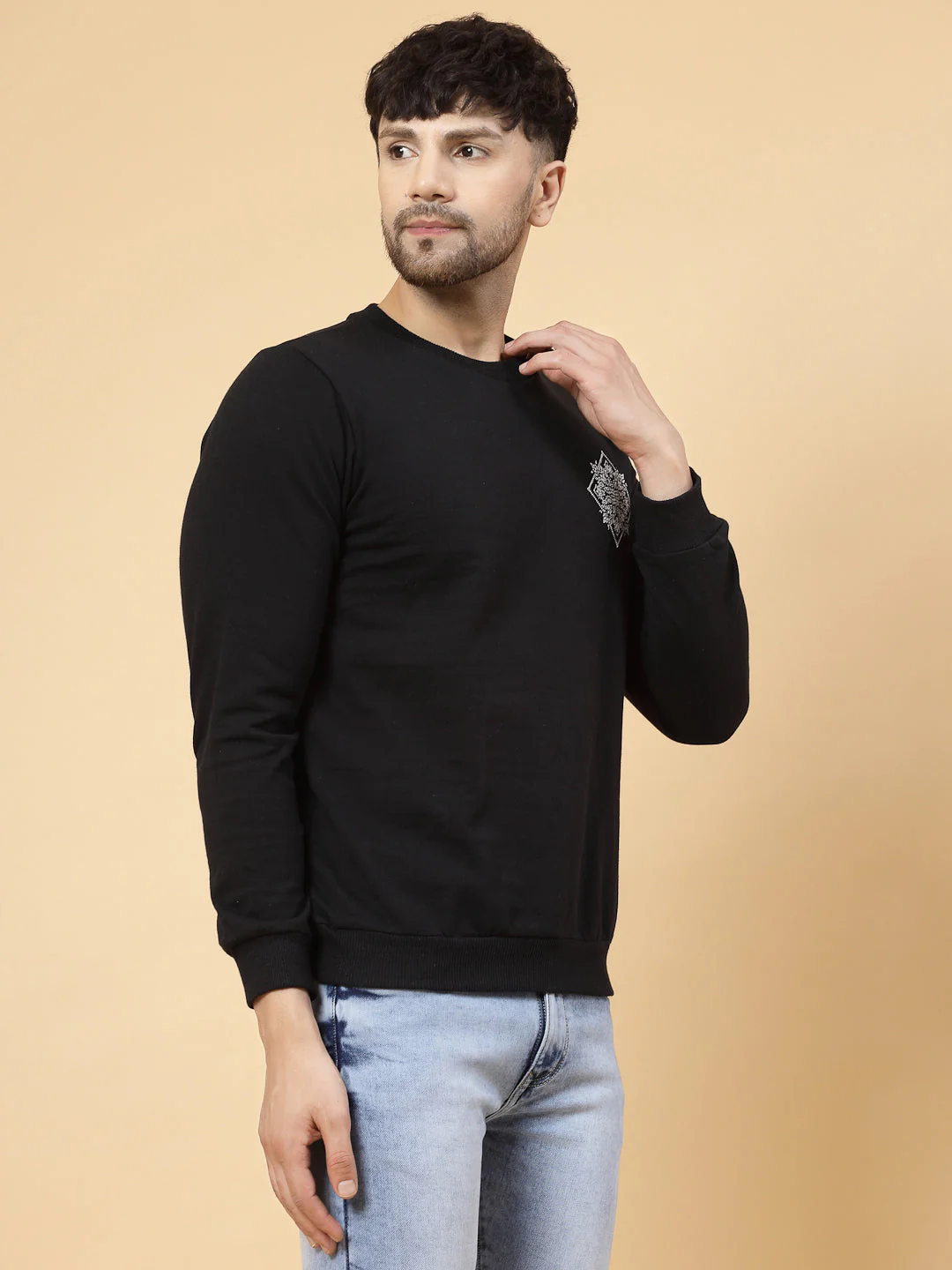 Men Black Printed Patch On Back Fleece Round Neck Sweatshirt - Image 4