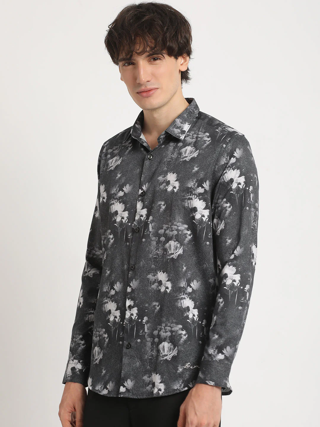 Men Black Printed Slim Fit Cotton Casual Shirt - Image 3