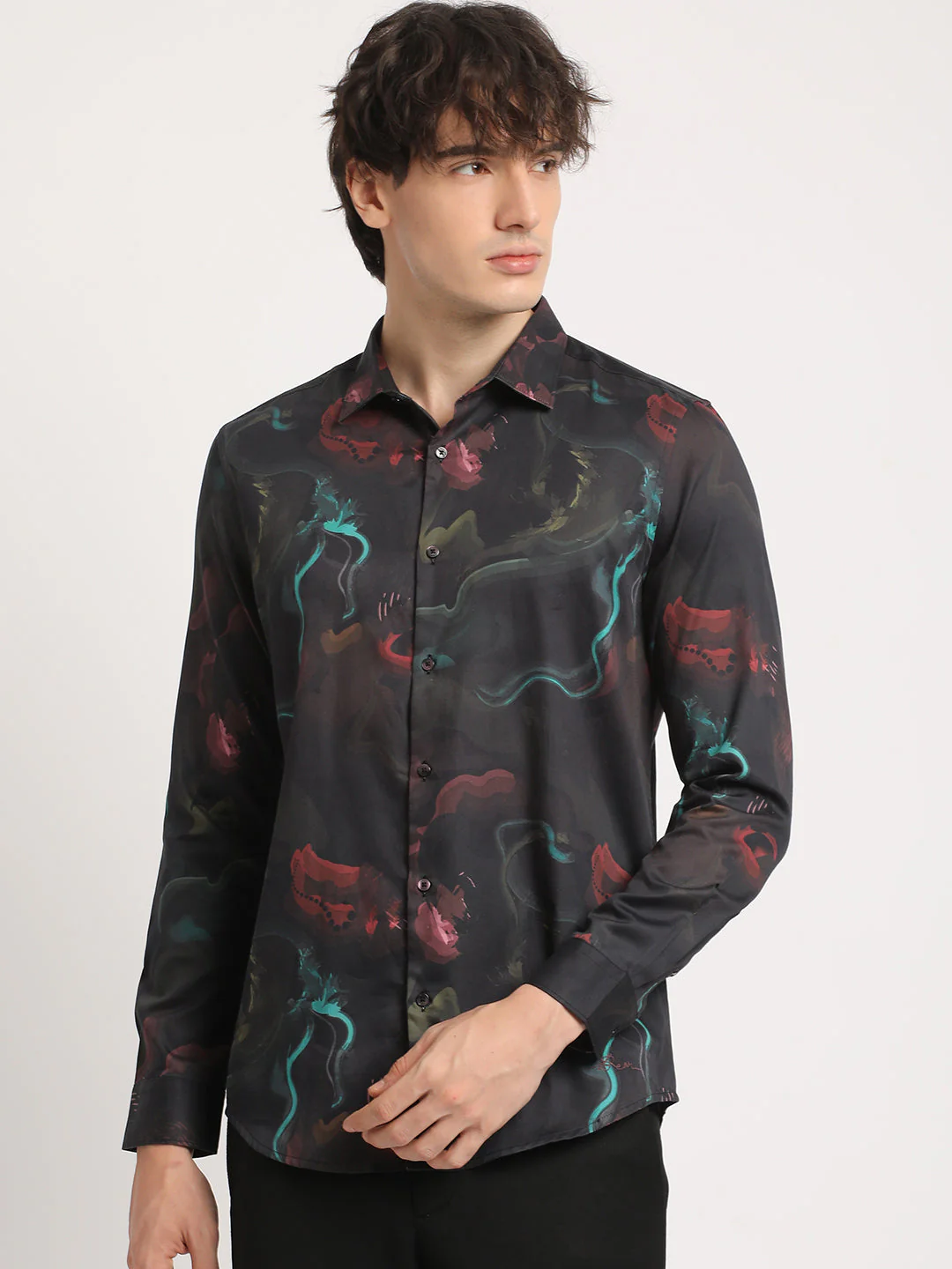Men Black Printed Slim Fit Cotton Casual Shirt - Image 2