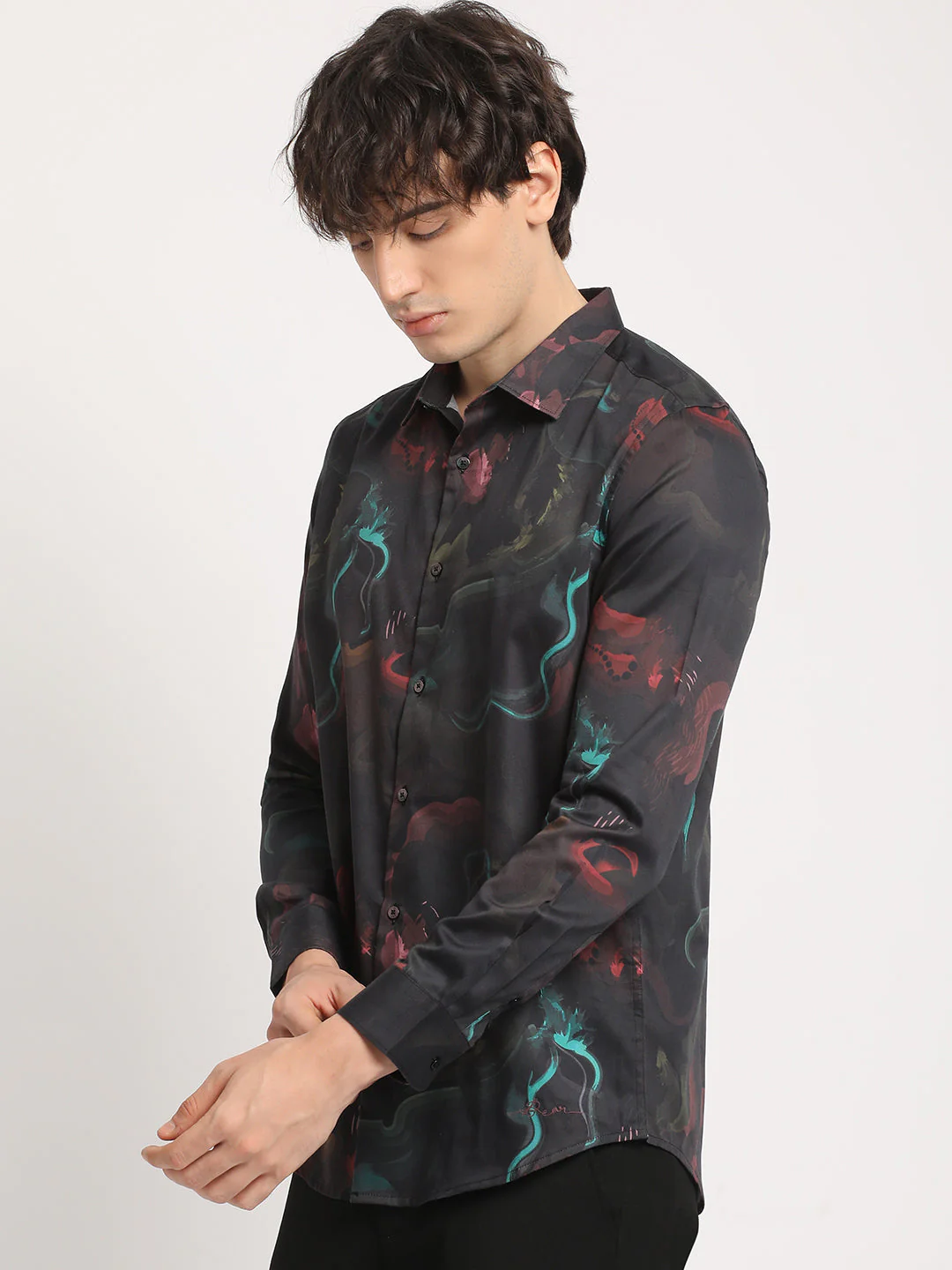 Men Black Printed Slim Fit Cotton Casual Shirt - Image 3