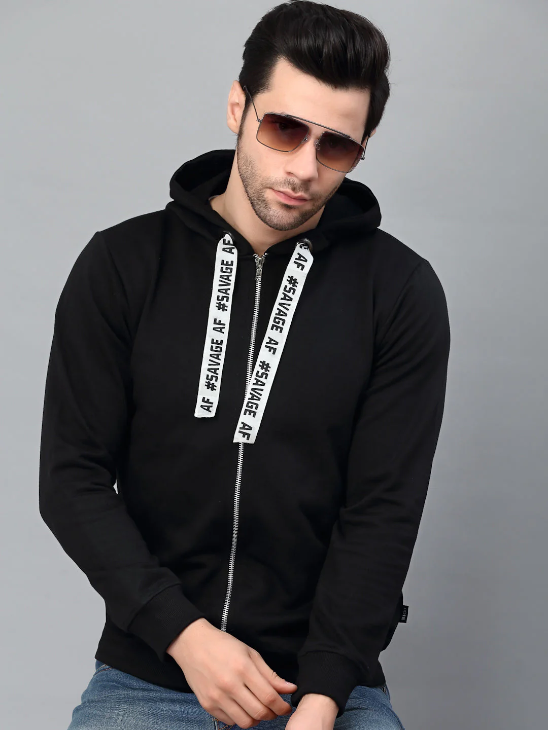 Men Black Printed String Fleece Jacket - Image 2