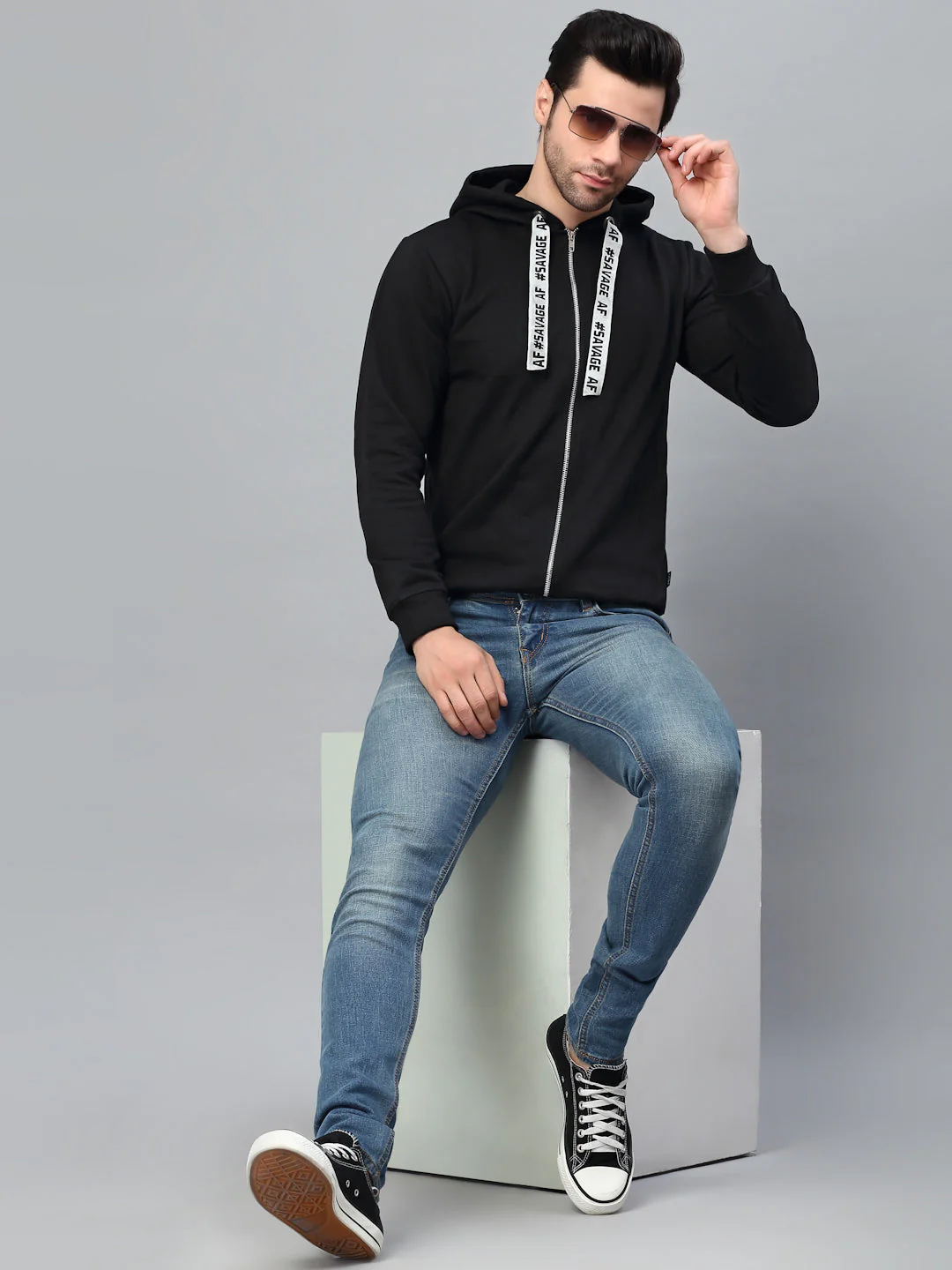Men Black Printed String Fleece Jacket - Image 3