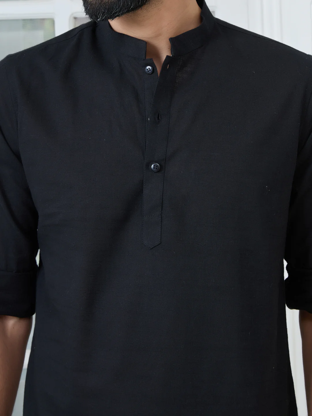 Men Black Pure Cotton Slub Short Kurta - Image 2