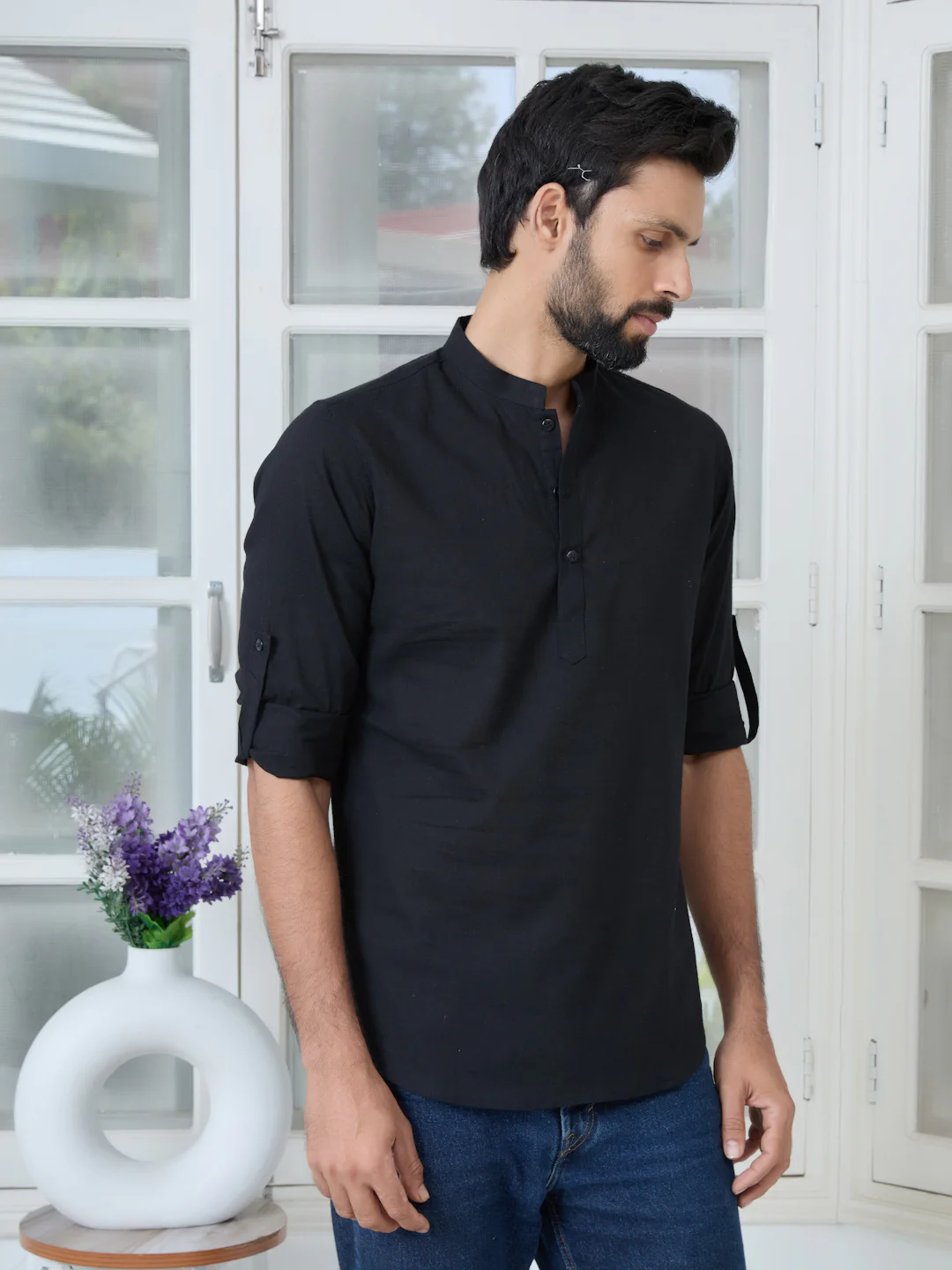 Men Black Pure Cotton Slub Short Kurta - Image 3