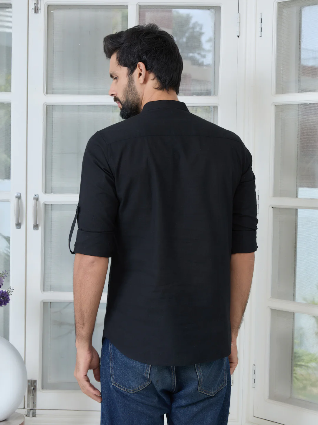 Men Black Pure Cotton Slub Short Kurta - Image 4