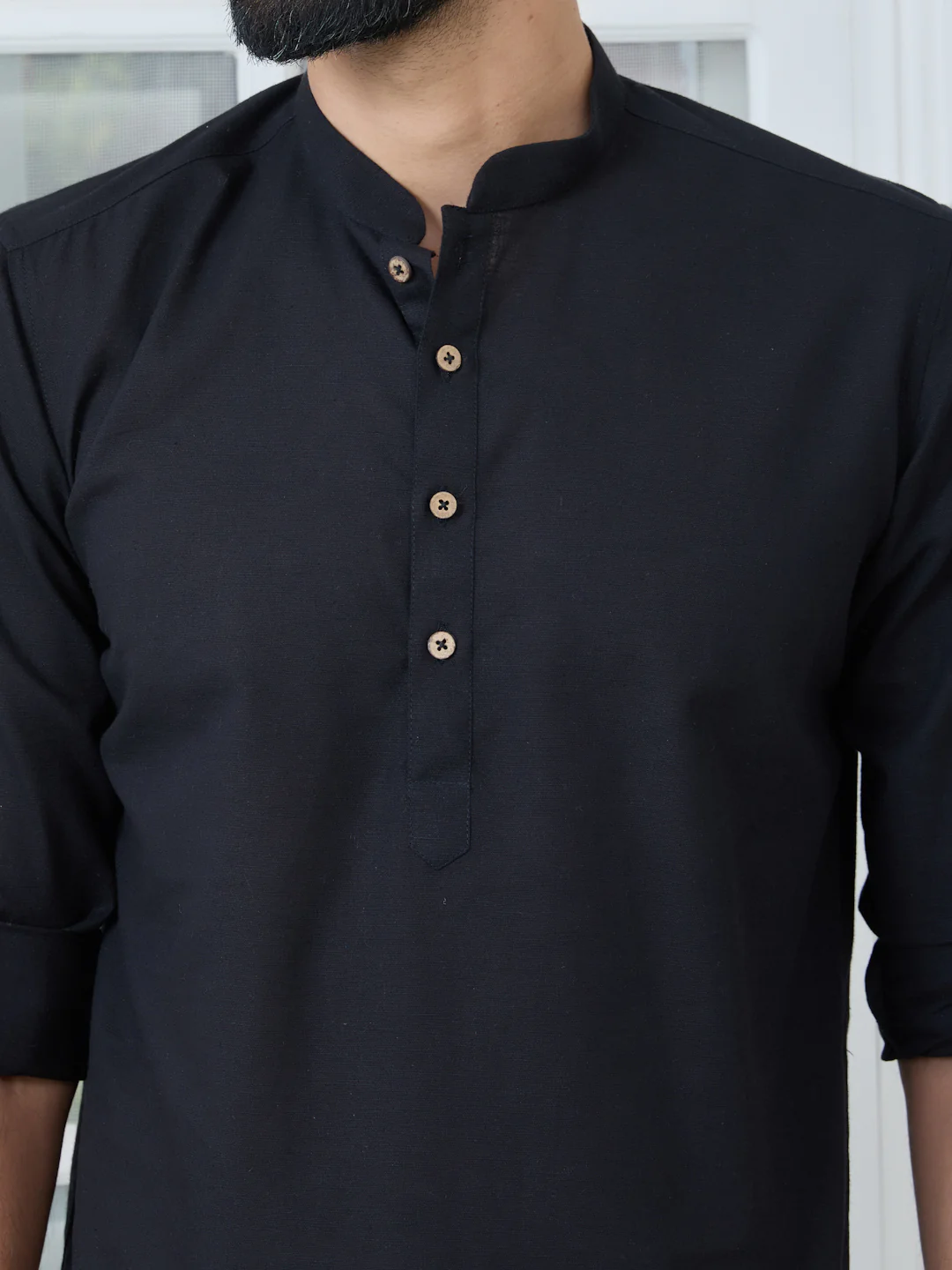 Men Black Pure Cotton Slub Short Kurta - Image 2