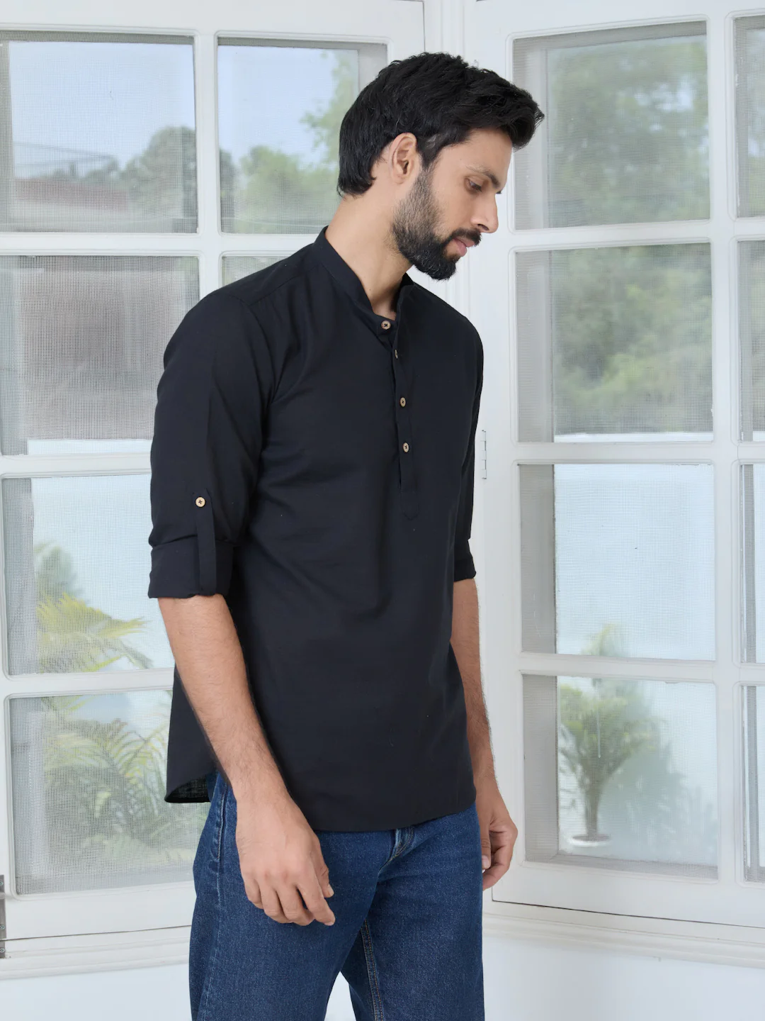 Men Black Pure Cotton Slub Short Kurta - Image 3