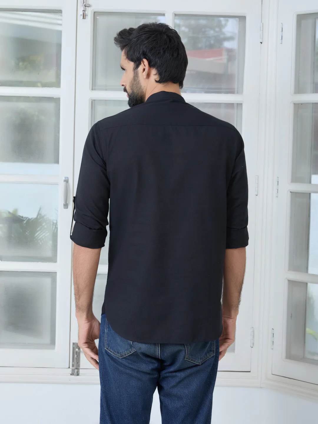 Men Black Pure Cotton Slub Short Kurta - Image 4