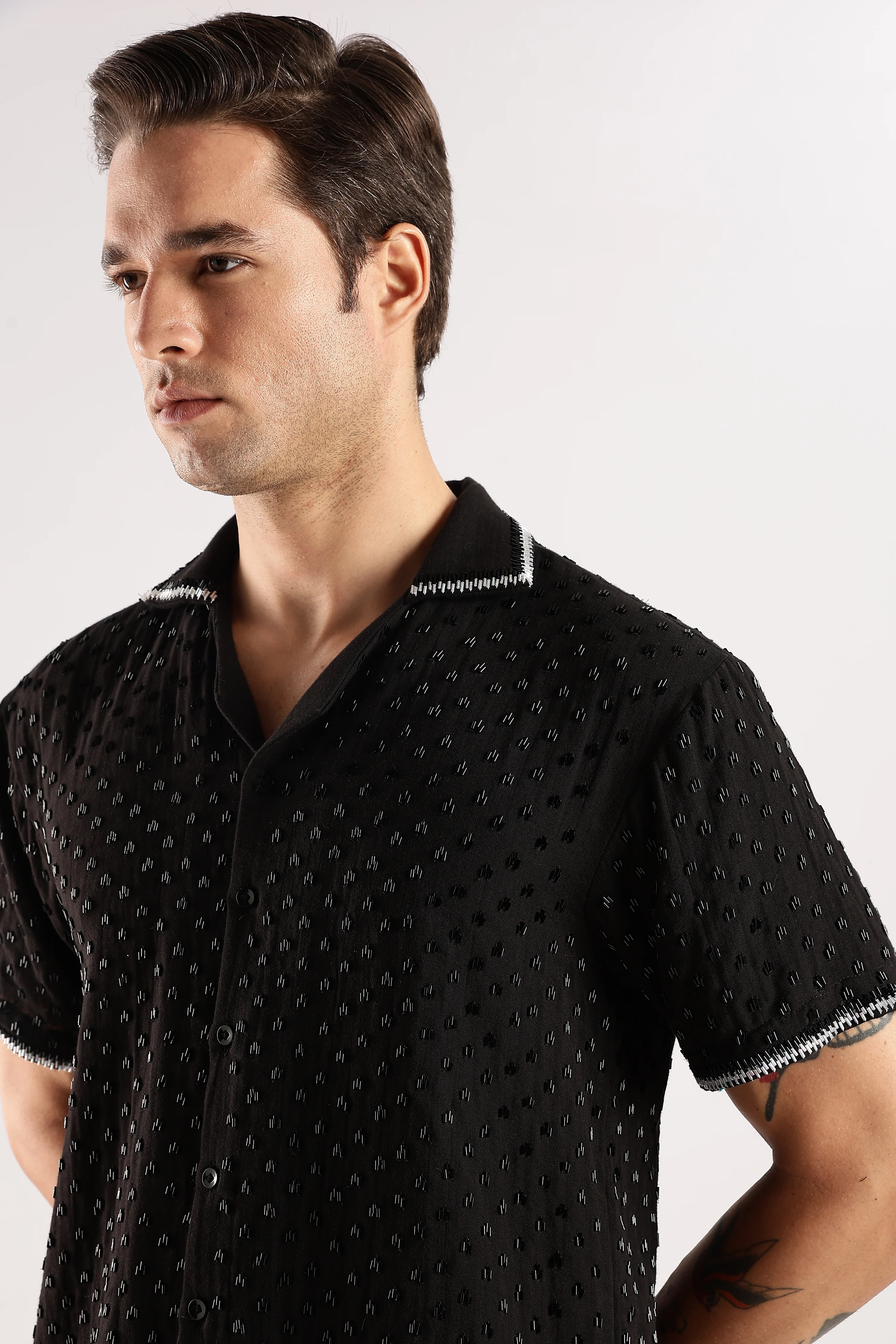 Men Black Rain Cutdana Gauge Cotton Shirt - Image 11