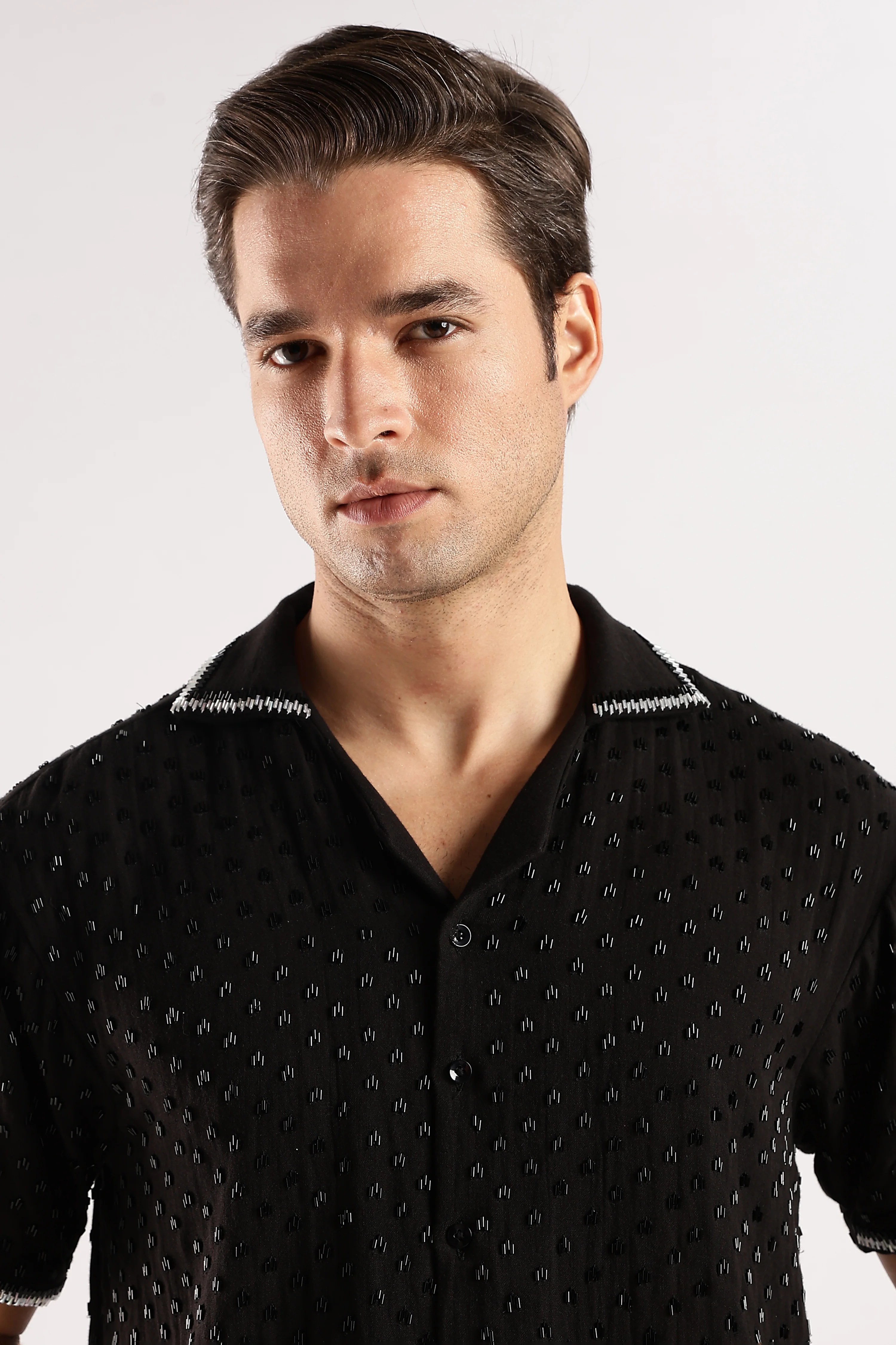 Men Black Rain Cutdana Gauge Cotton Shirt - Image 12