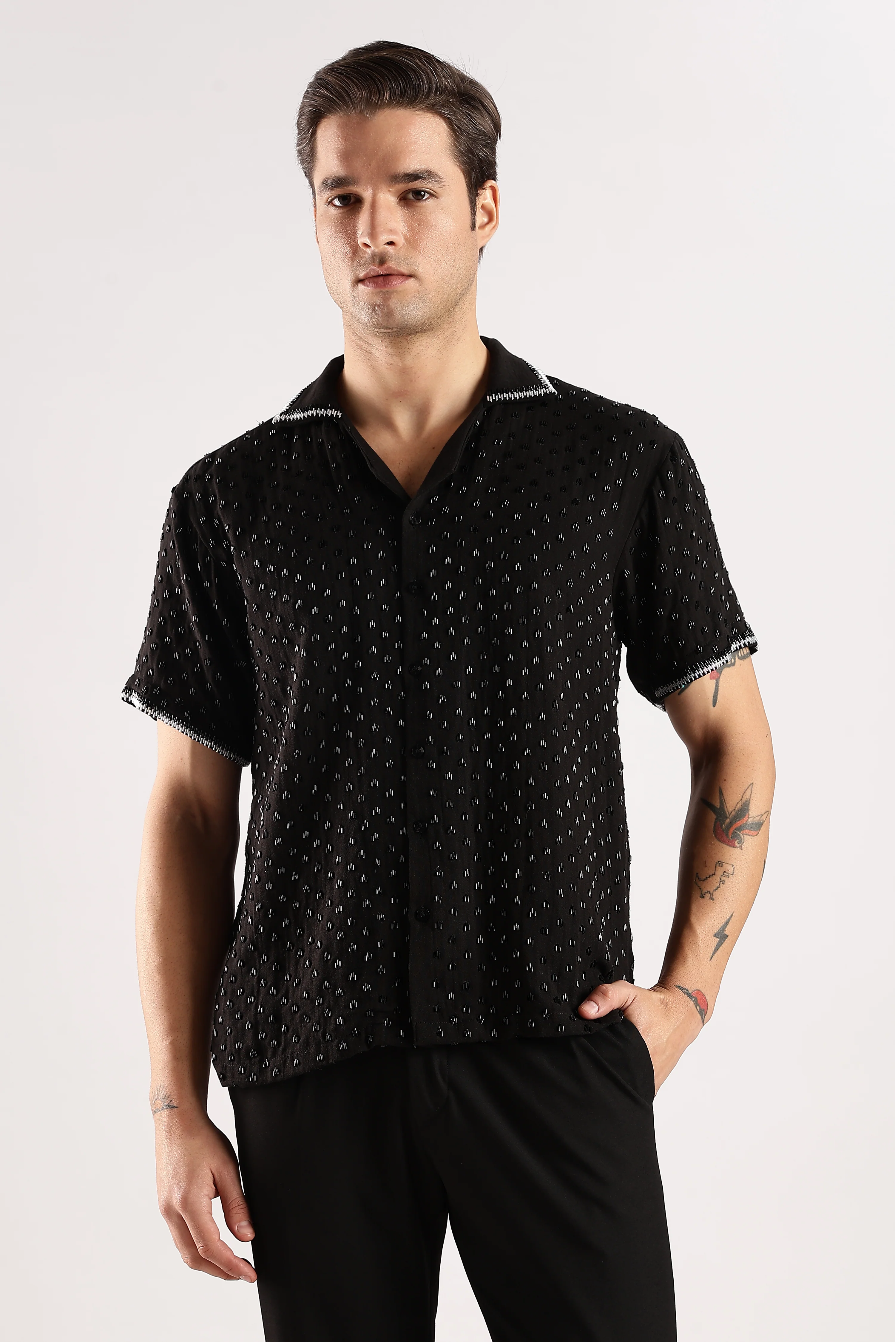 Men Black Rain Cutdana Gauge Cotton Shirt - Image 13
