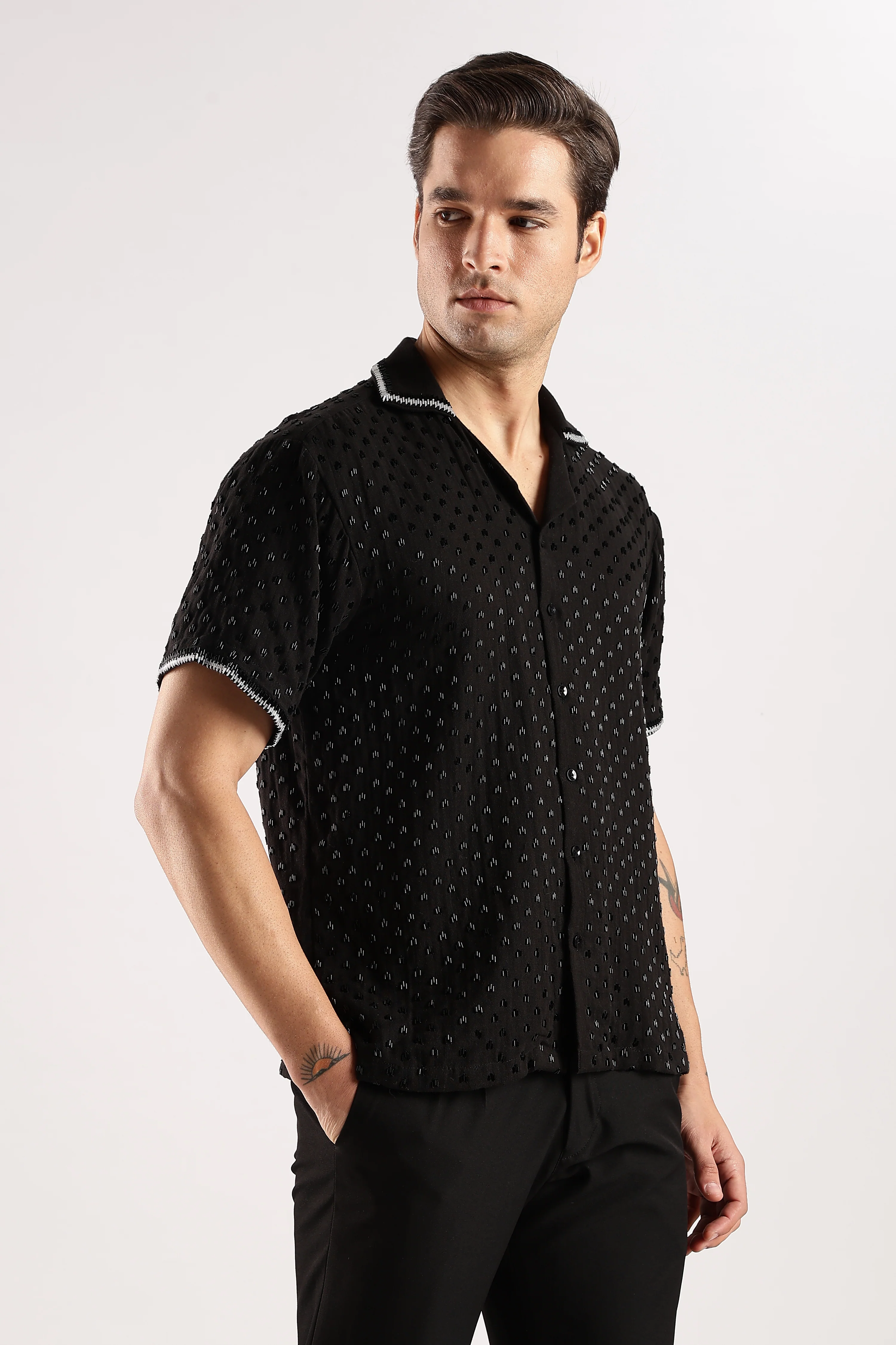 Men Black Rain Cutdana Gauge Cotton Shirt - Image 14