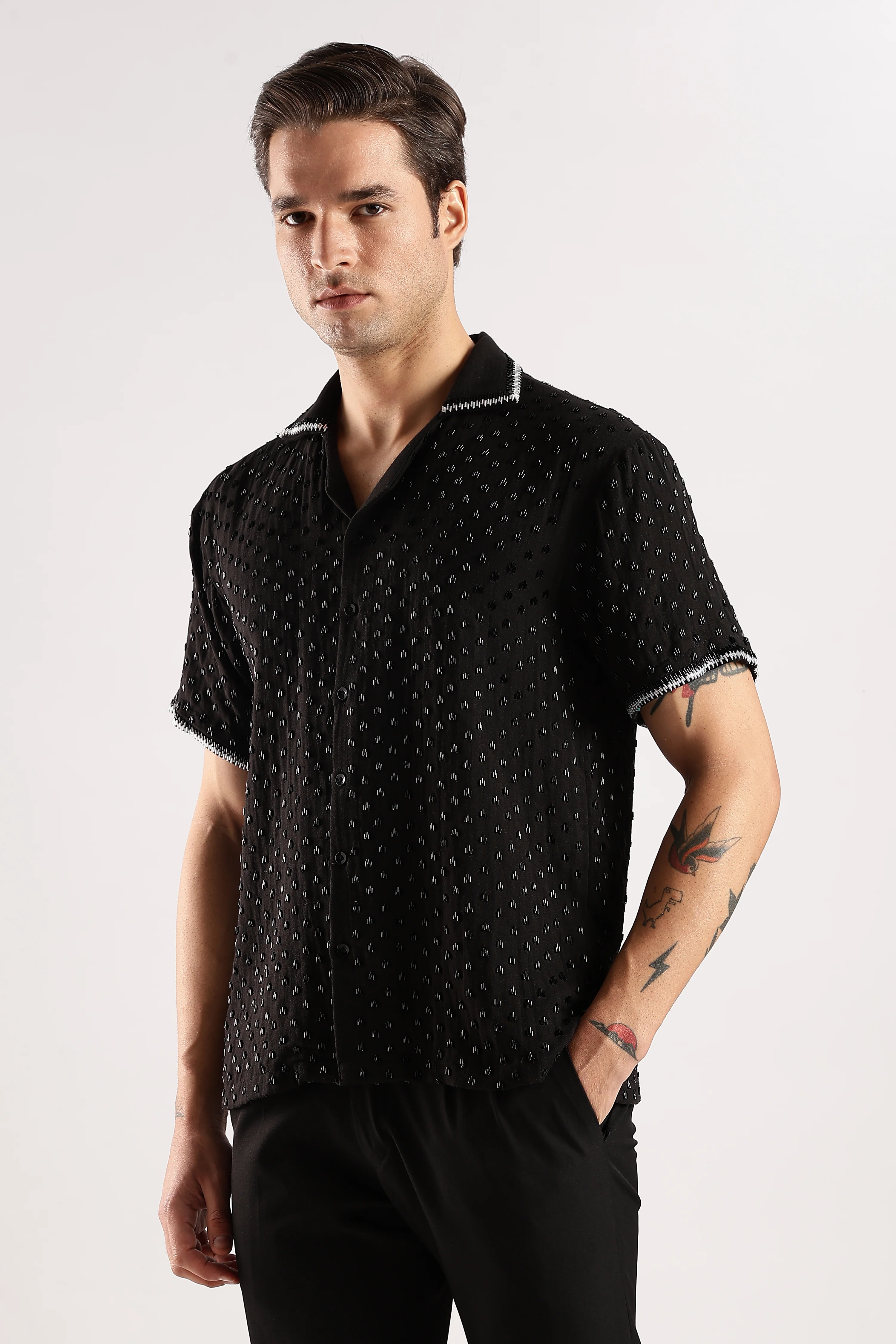 Men Black Rain Cutdana Gauge Cotton Shirt - Image 15