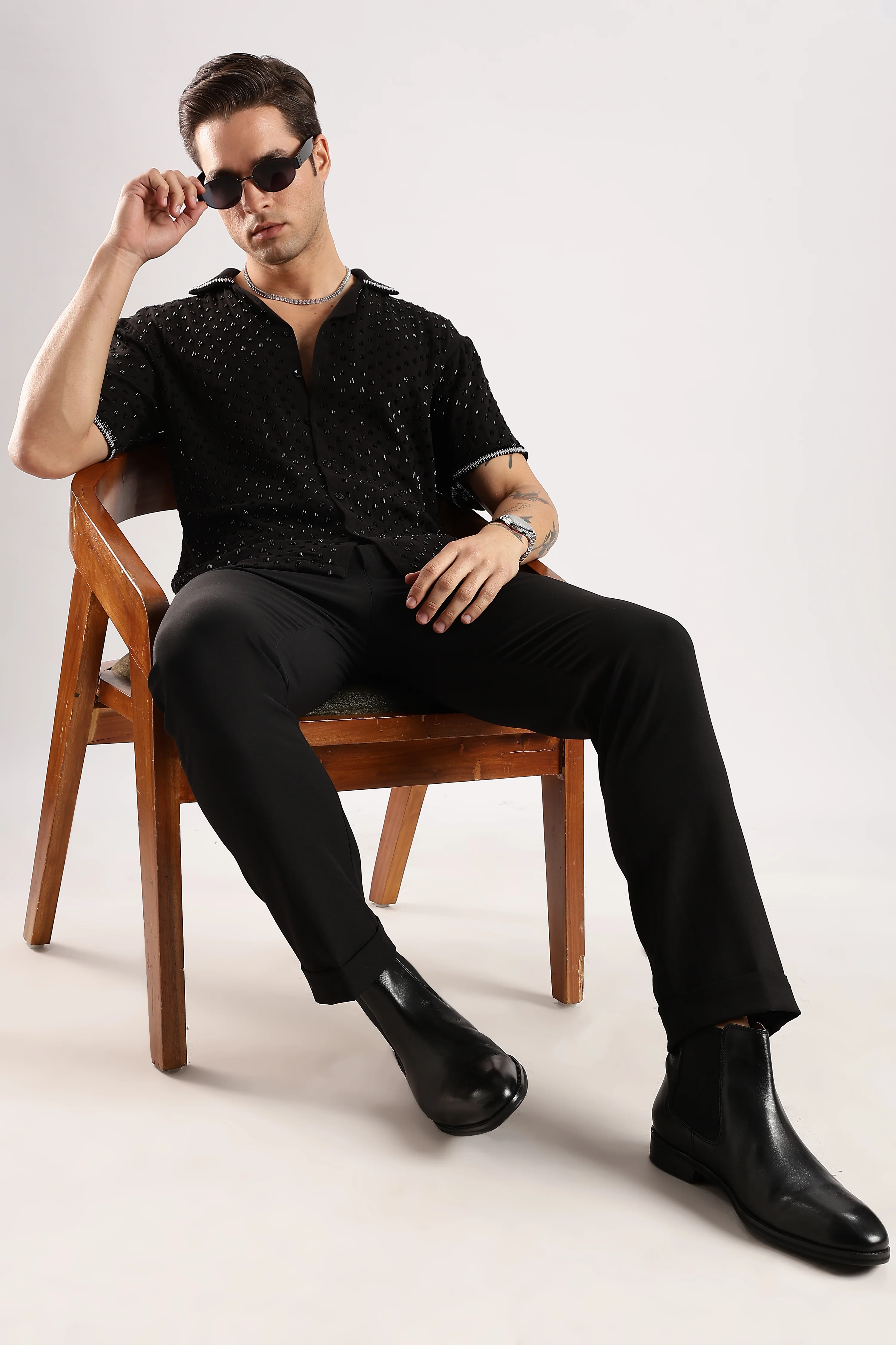 Men Black Rain Cutdana Gauge Cotton Shirt - Image 2