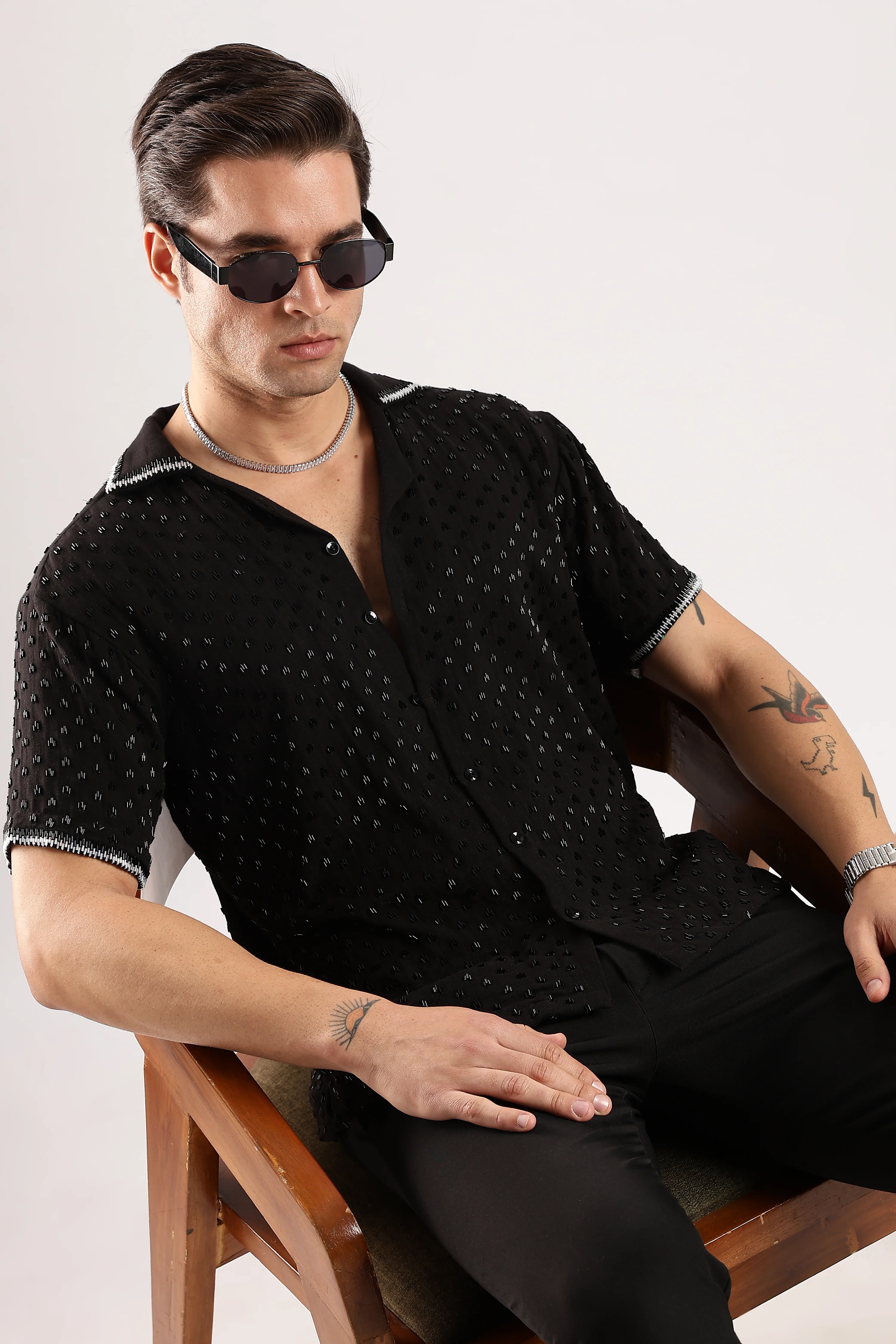 Men Black Rain Cutdana Gauge Cotton Shirt - Image 3