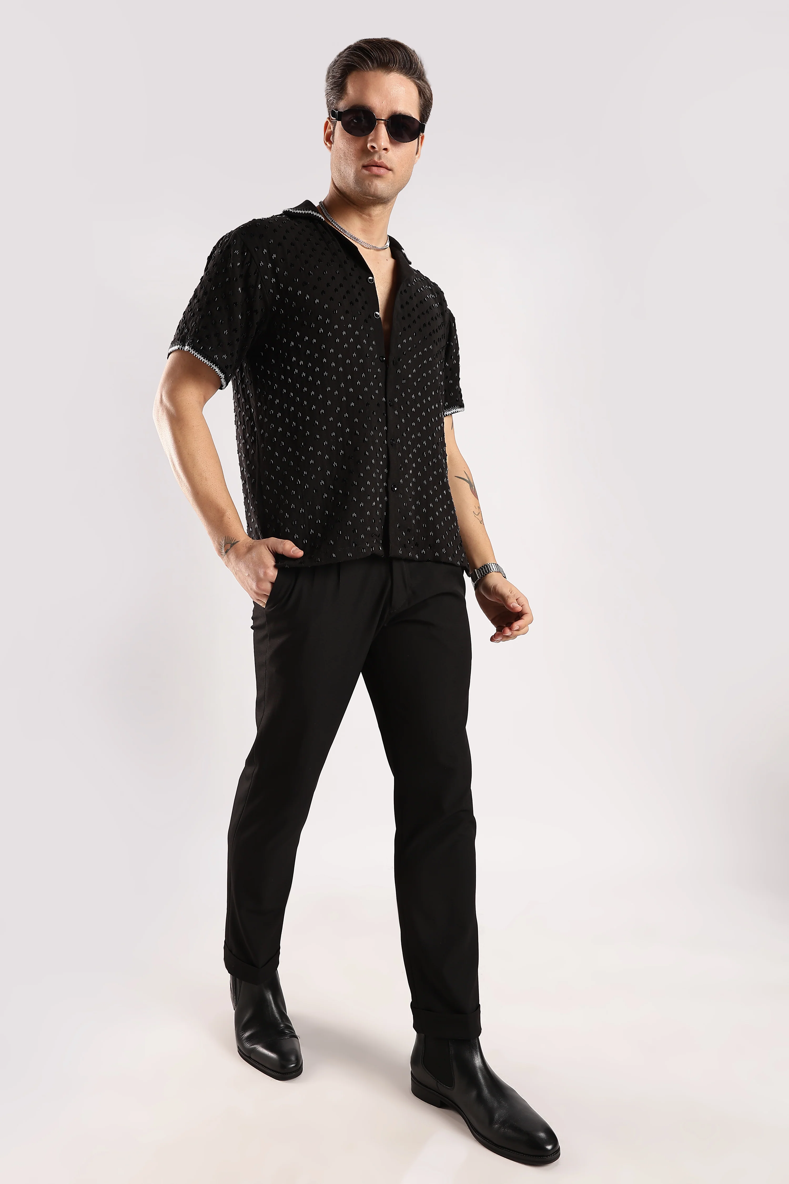 Men Black Rain Cutdana Gauge Cotton Shirt - Image 4