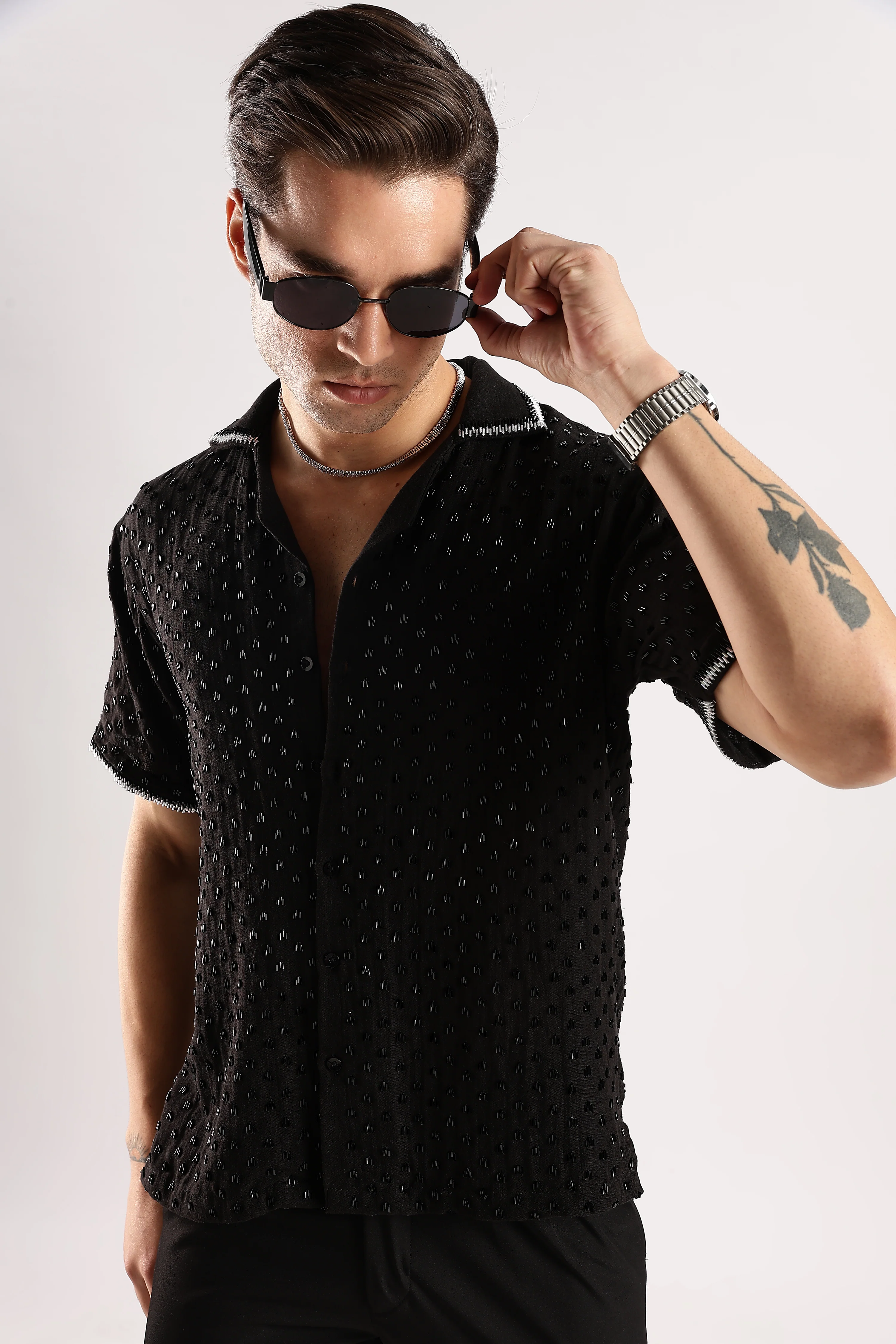 Men Black Rain Cutdana Gauge Cotton Shirt - Image 5