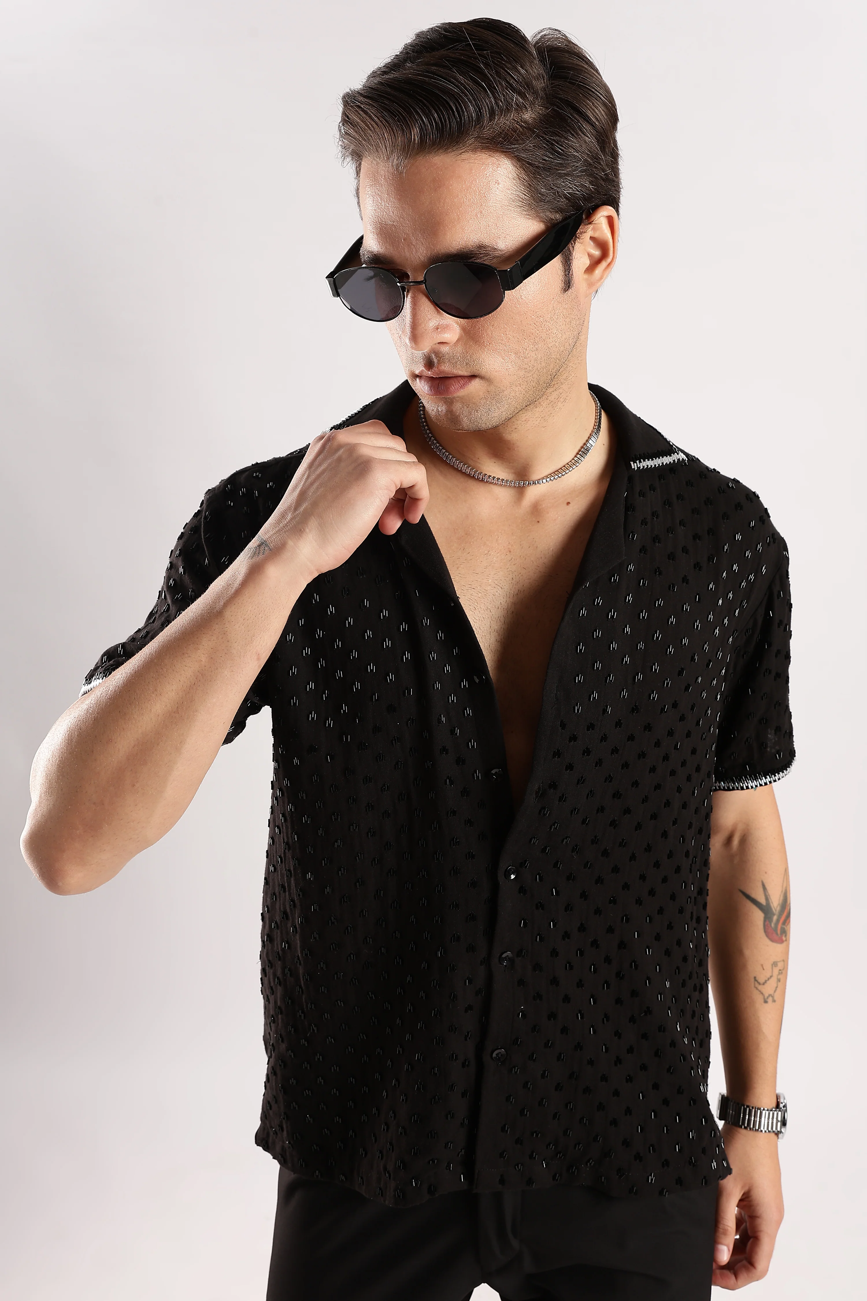 Men Black Rain Cutdana Gauge Cotton Shirt - Image 6