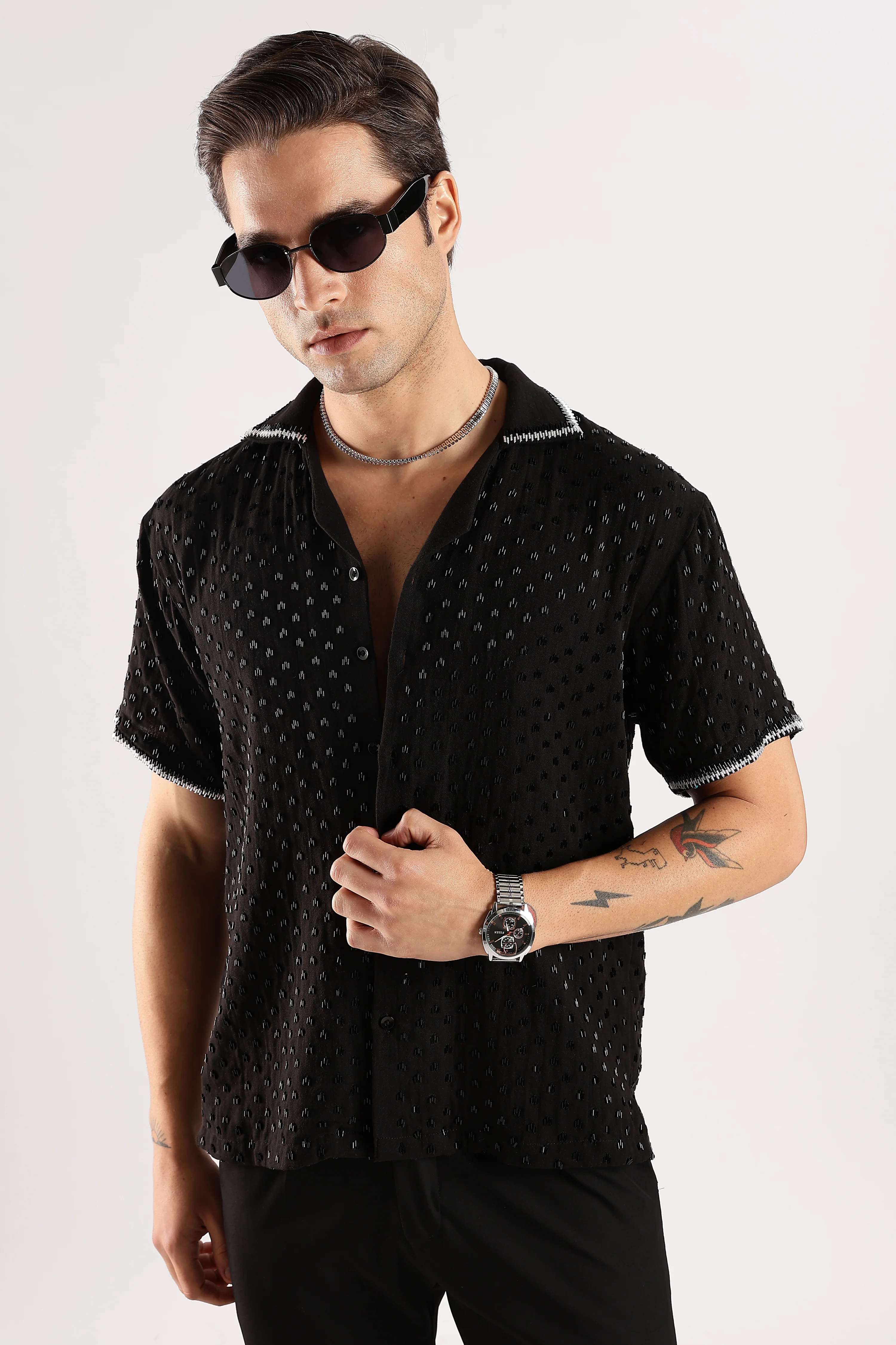 Men Black Rain Cutdana Gauge Cotton Shirt - Image 7