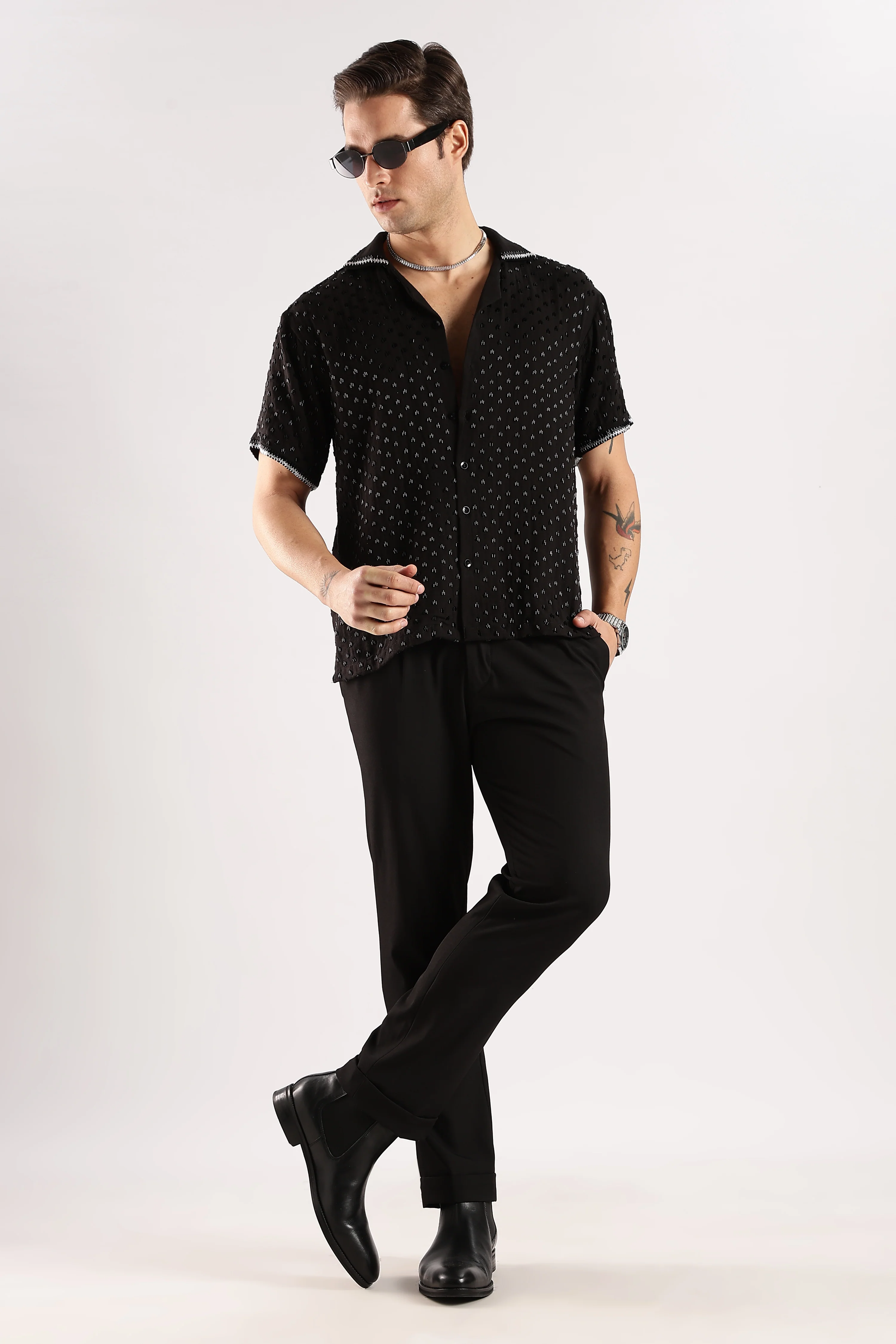 Men Black Rain Cutdana Gauge Cotton Shirt - Image 8