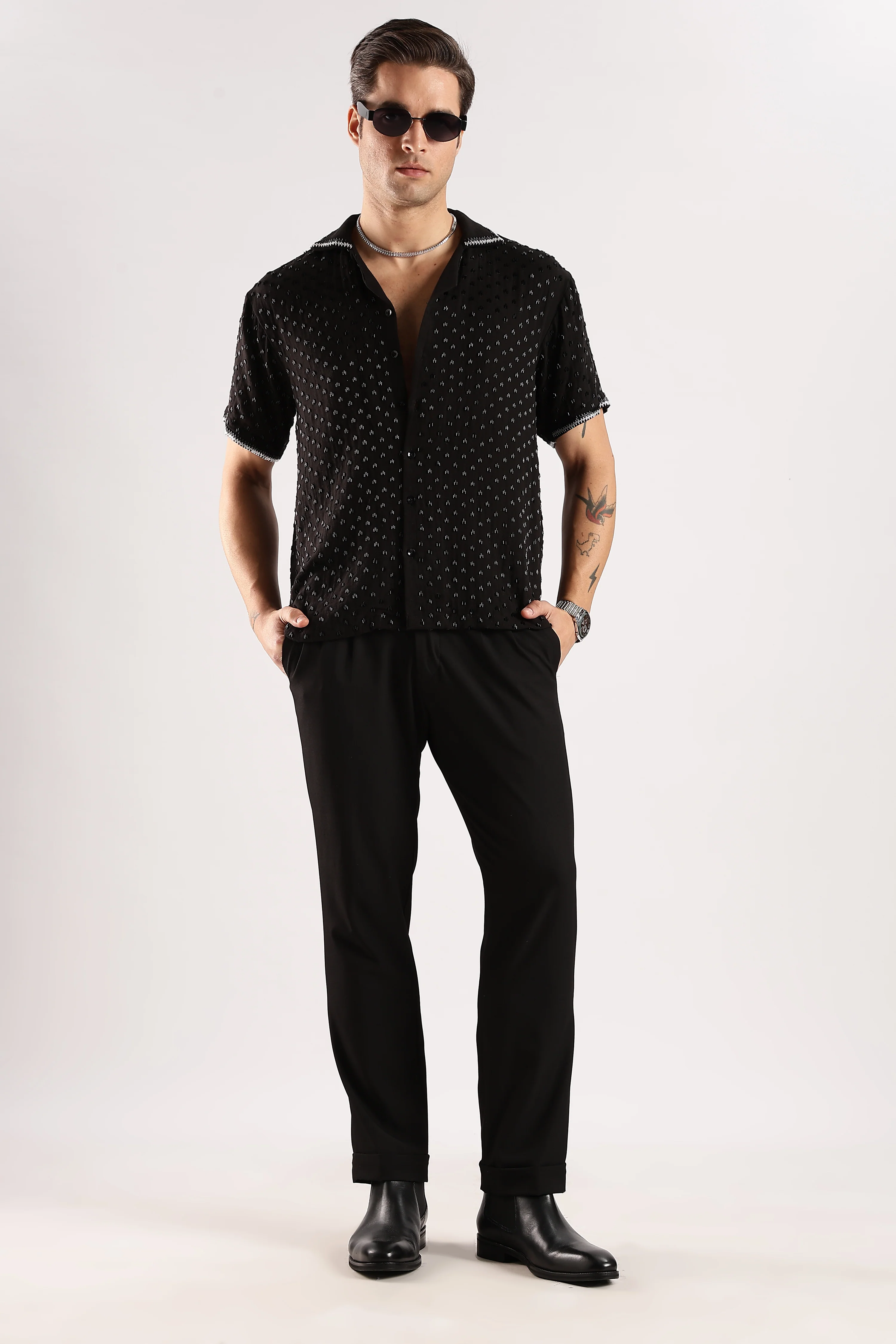 Men Black Rain Cutdana Gauge Cotton Shirt - Image 9