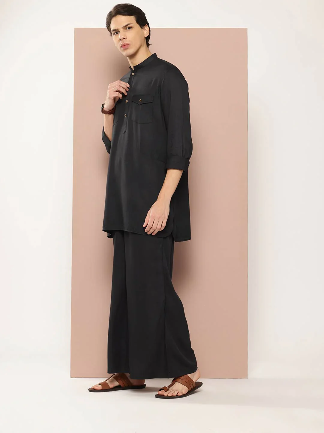 Men Black Rayon Solid Pathani Sets - Image 2