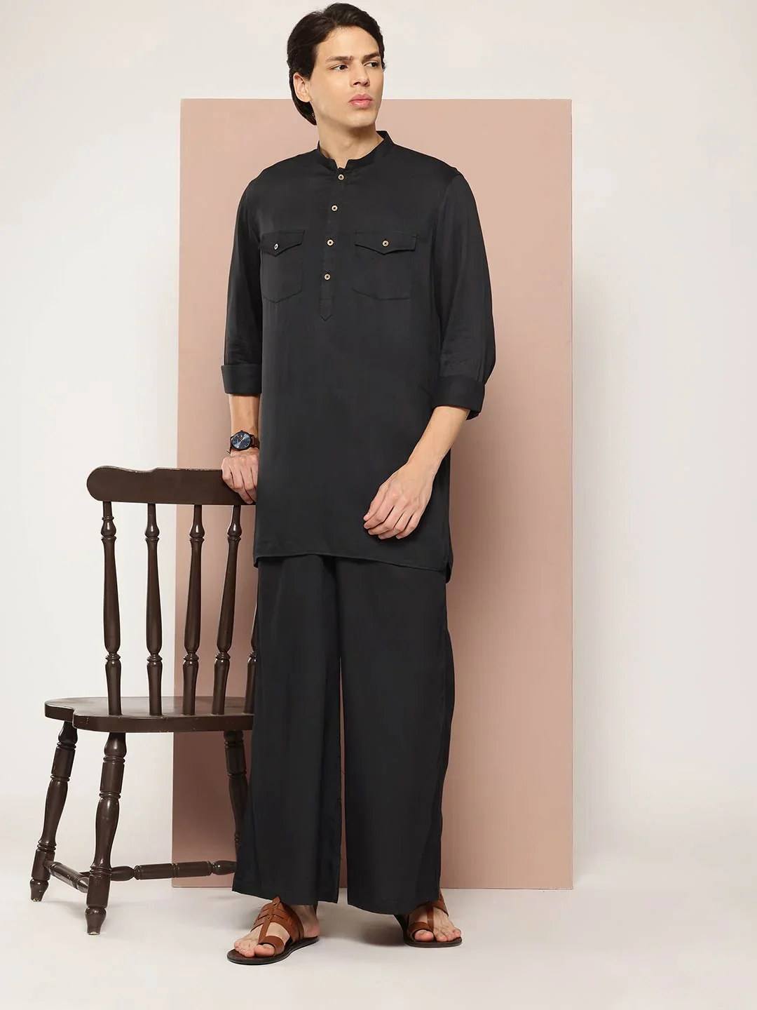 Men Black Rayon Solid Pathani Sets - Image 6