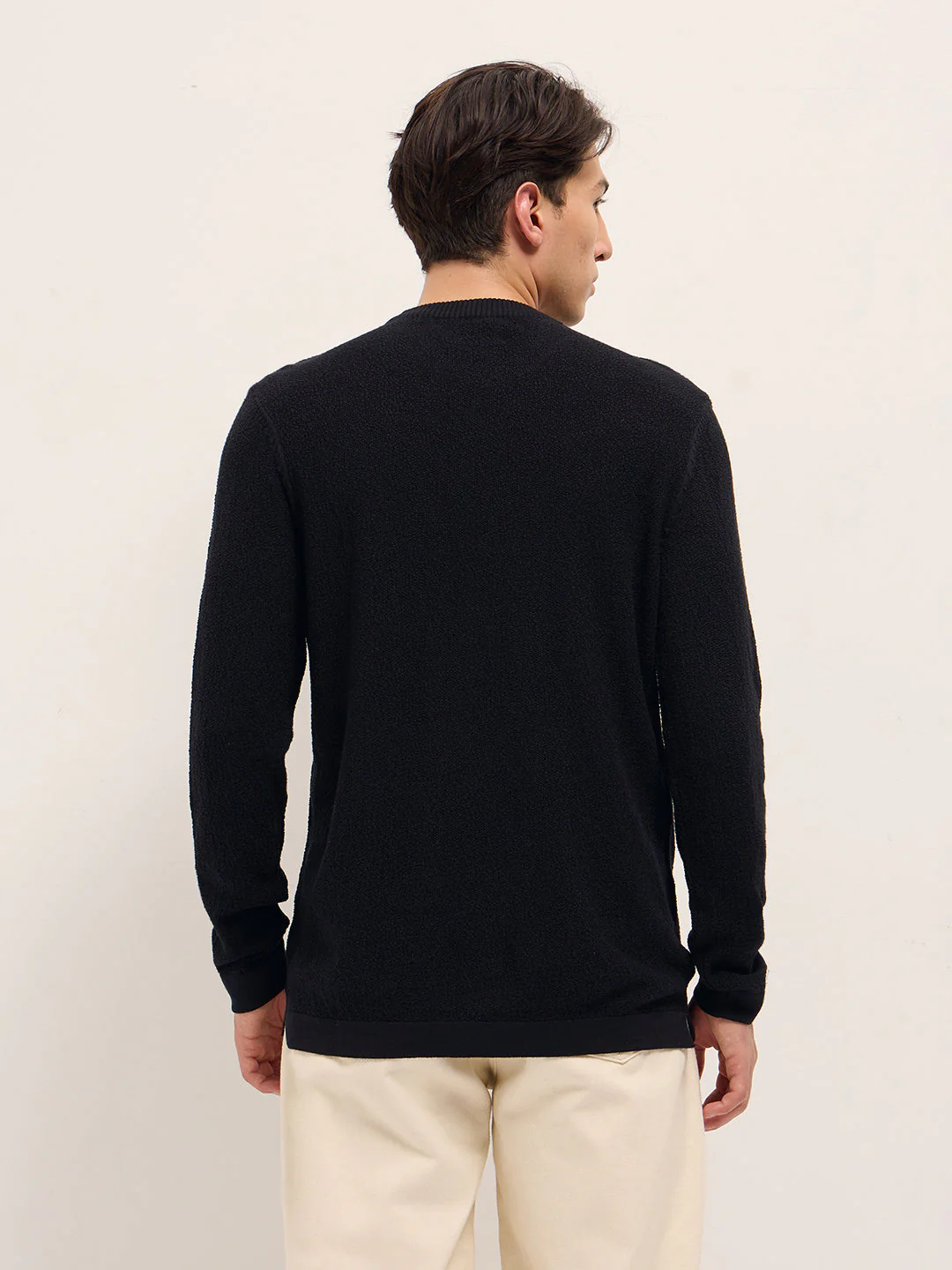Men Black Regular Fit Full Sleeve Flat Knit T-Shirt - Image 2