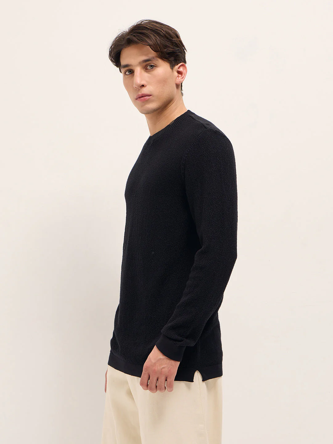 Men Black Regular Fit Full Sleeve Flat Knit T-Shirt - Image 3