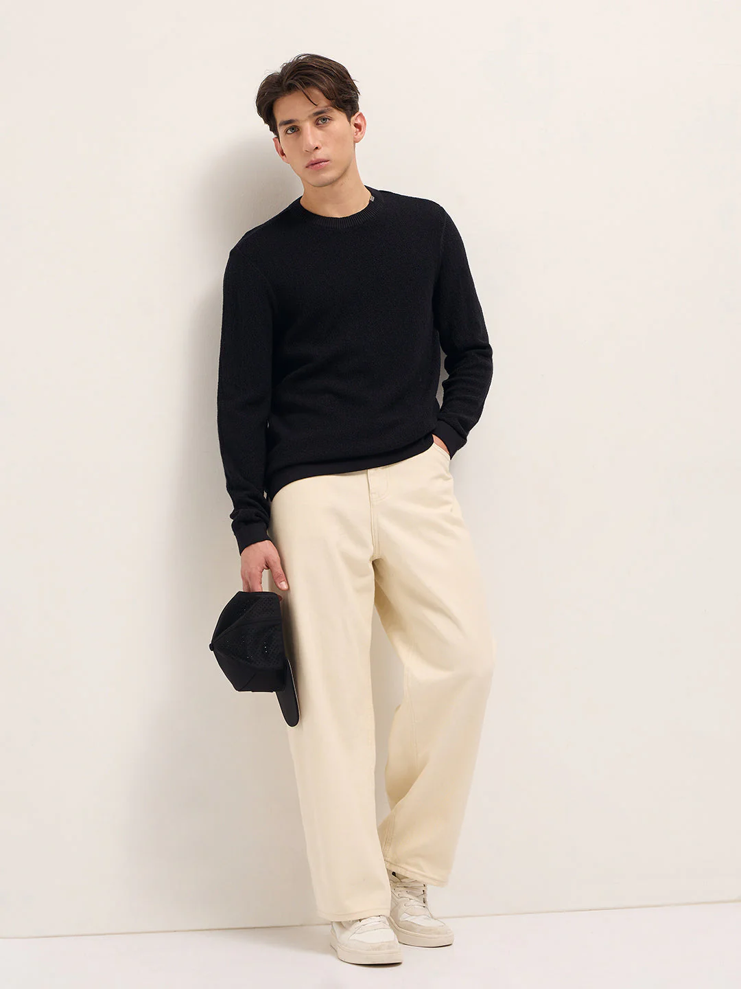 Men Black Regular Fit Full Sleeve Flat Knit T-Shirt - Image 4