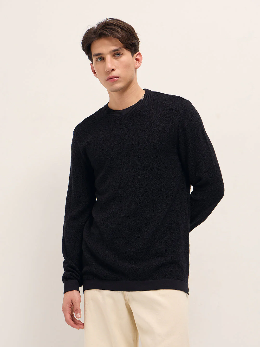 Men Black Regular Fit Full Sleeve Flat Knit T-Shirt - Image 5