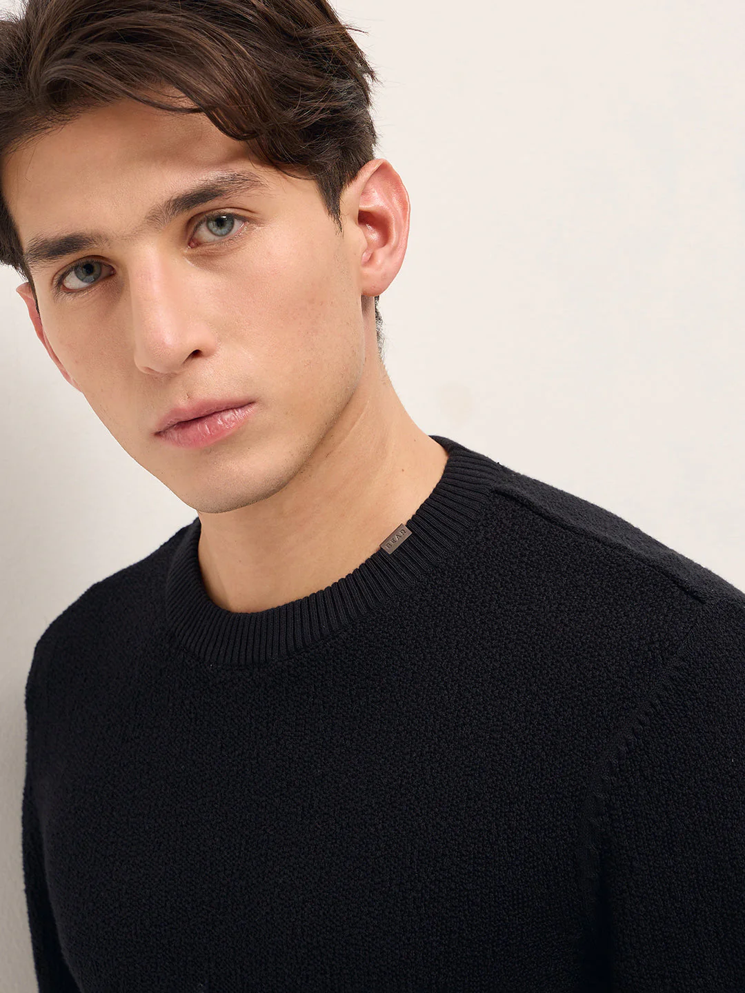 Men Black Regular Fit Full Sleeve Flat Knit T-Shirt - Image 6