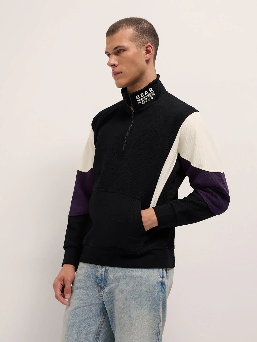 Men Black Regular Fit High Neck T-Shirt - Image 3