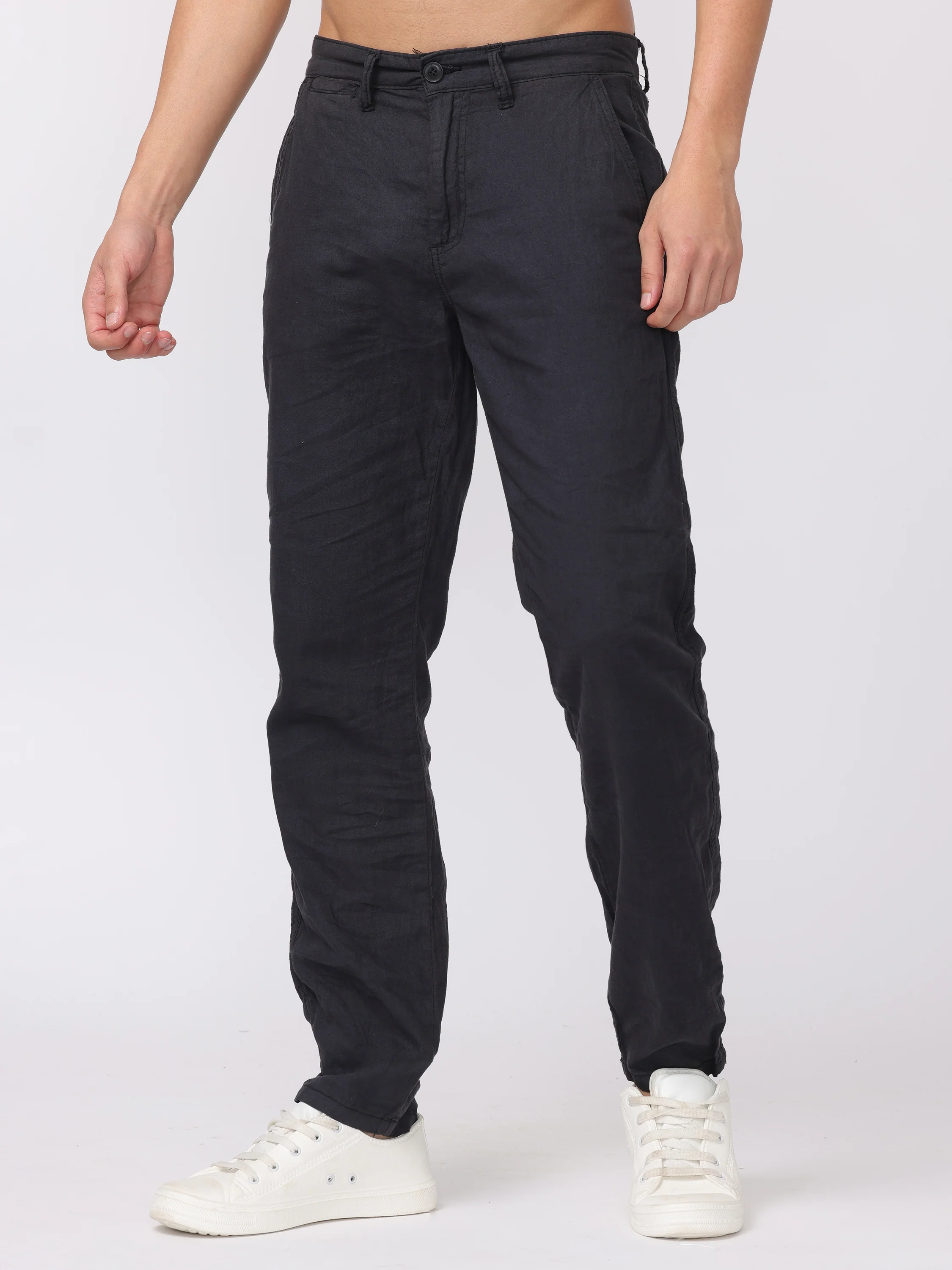 Men Black Regular Fit Linen Blend Pants - Image 4