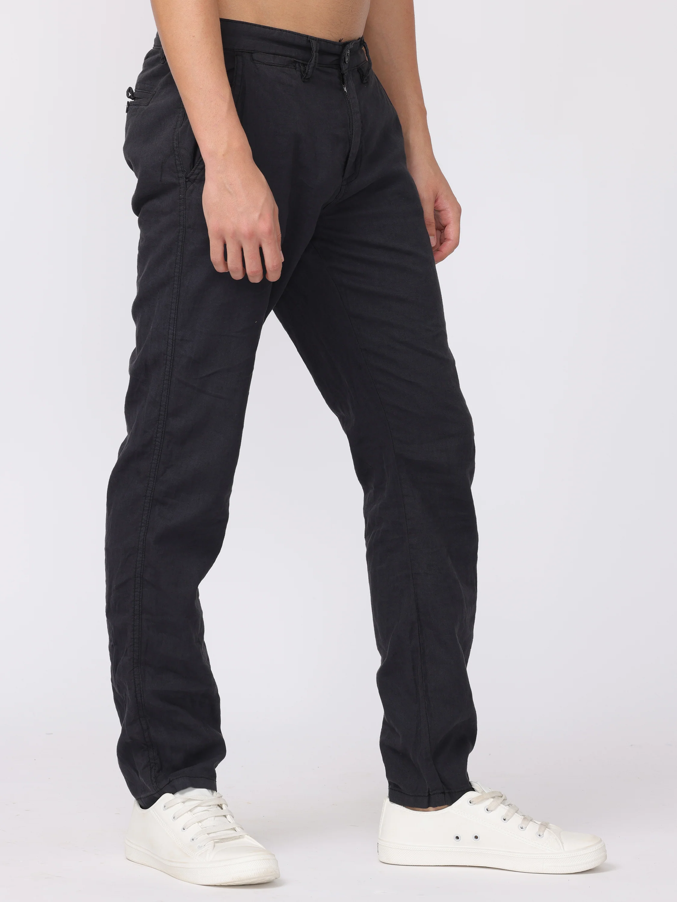 Men Black Regular Fit Linen Blend Pants - Image 5