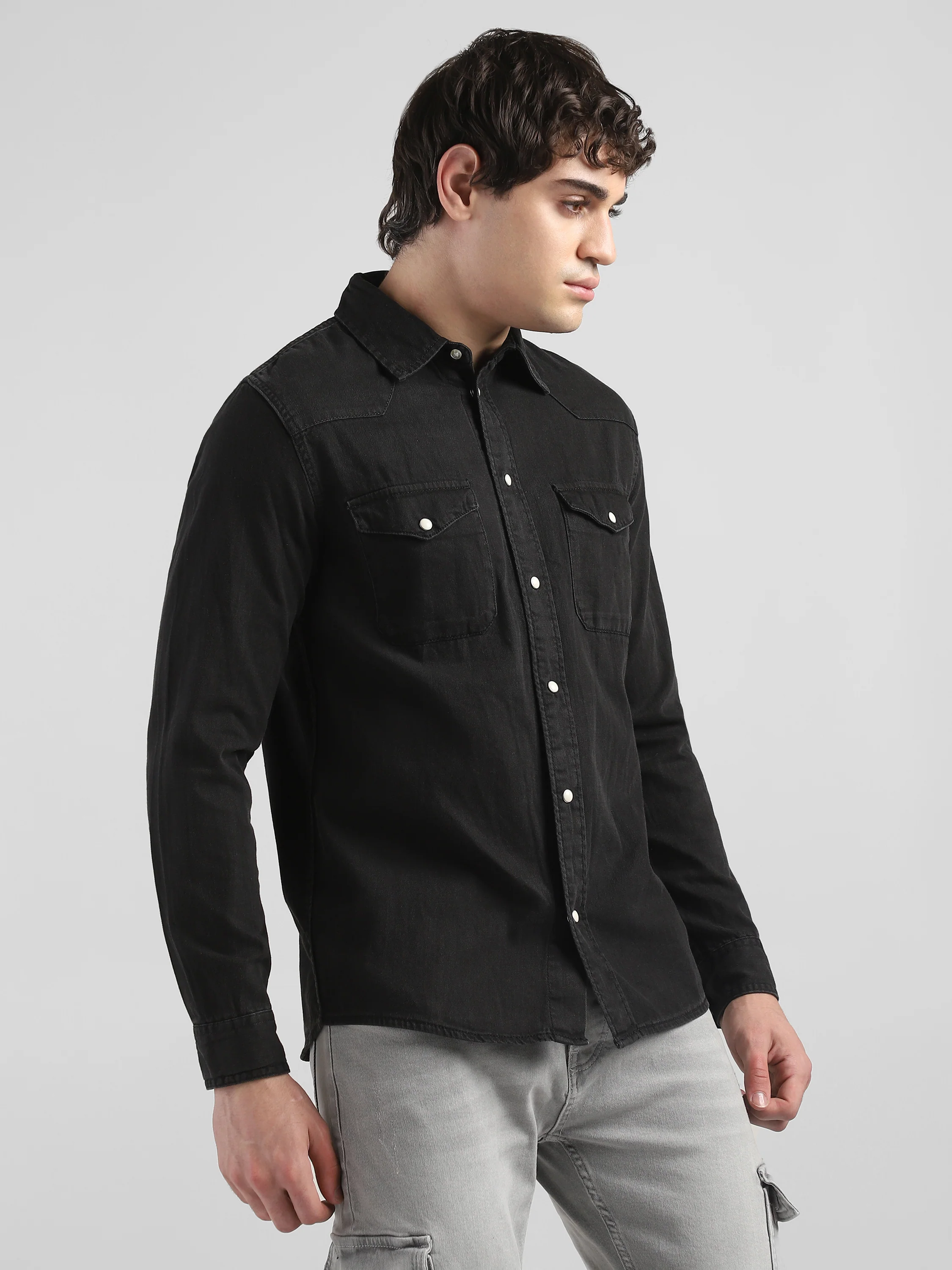 Men Denim Black Regular Fit Shirt with Two Pockets - Image 5