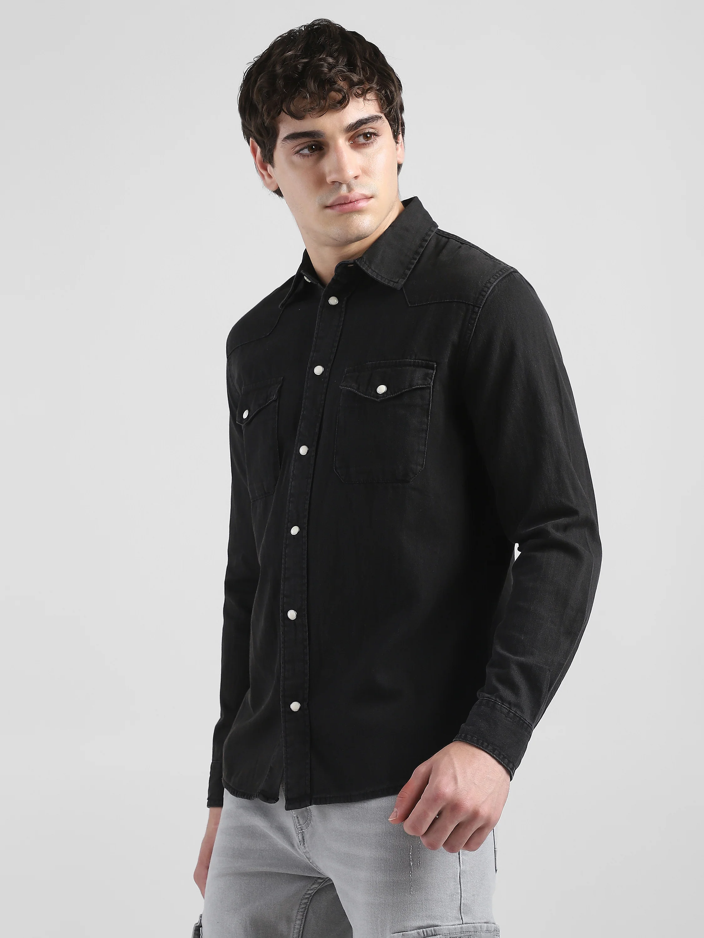 Men Denim Black Regular Fit Shirt with Two Pockets - Image 6