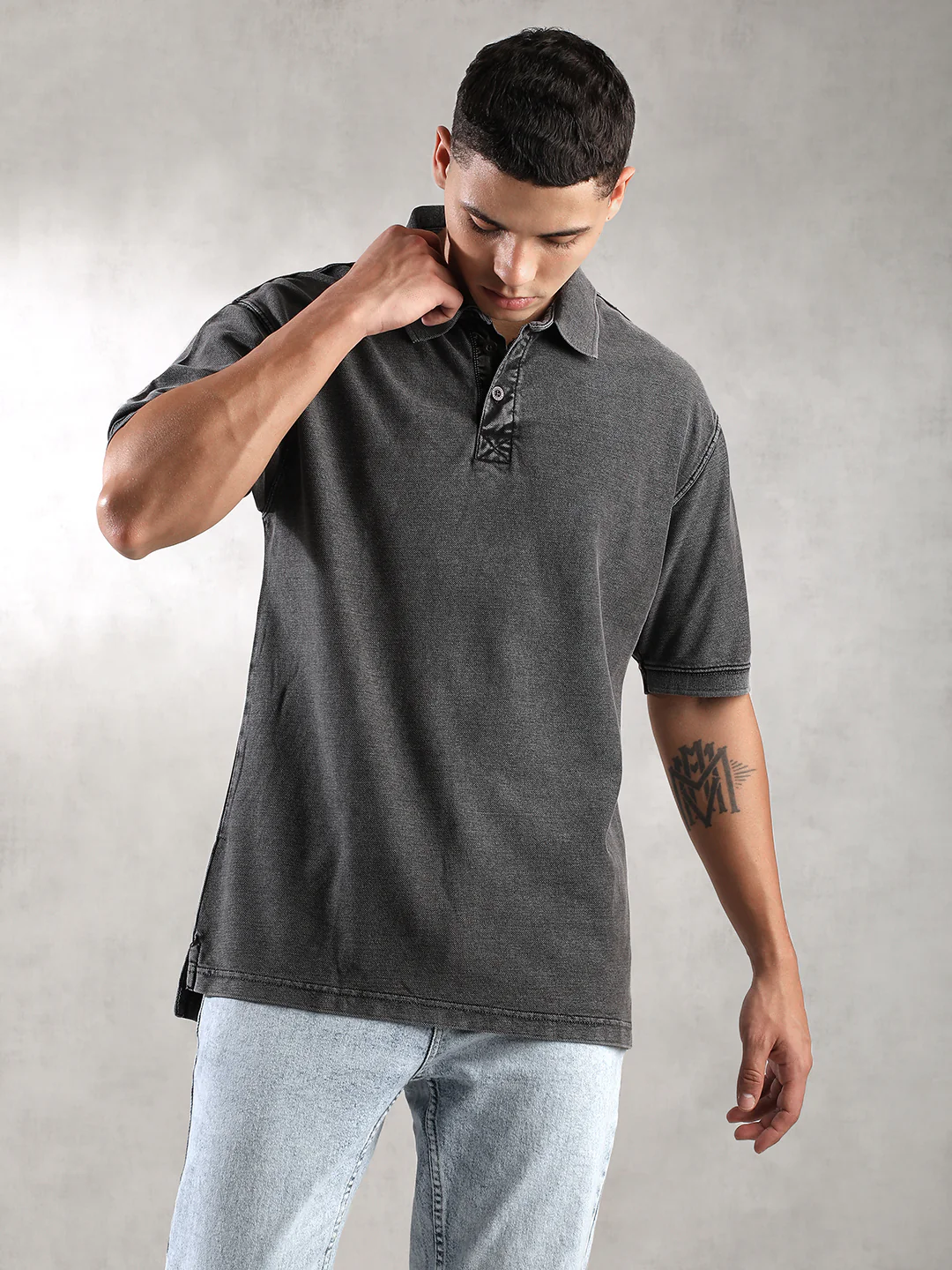 Men Charcoal Drop Shoulder Oversize Polo T-Shirt - Image 3