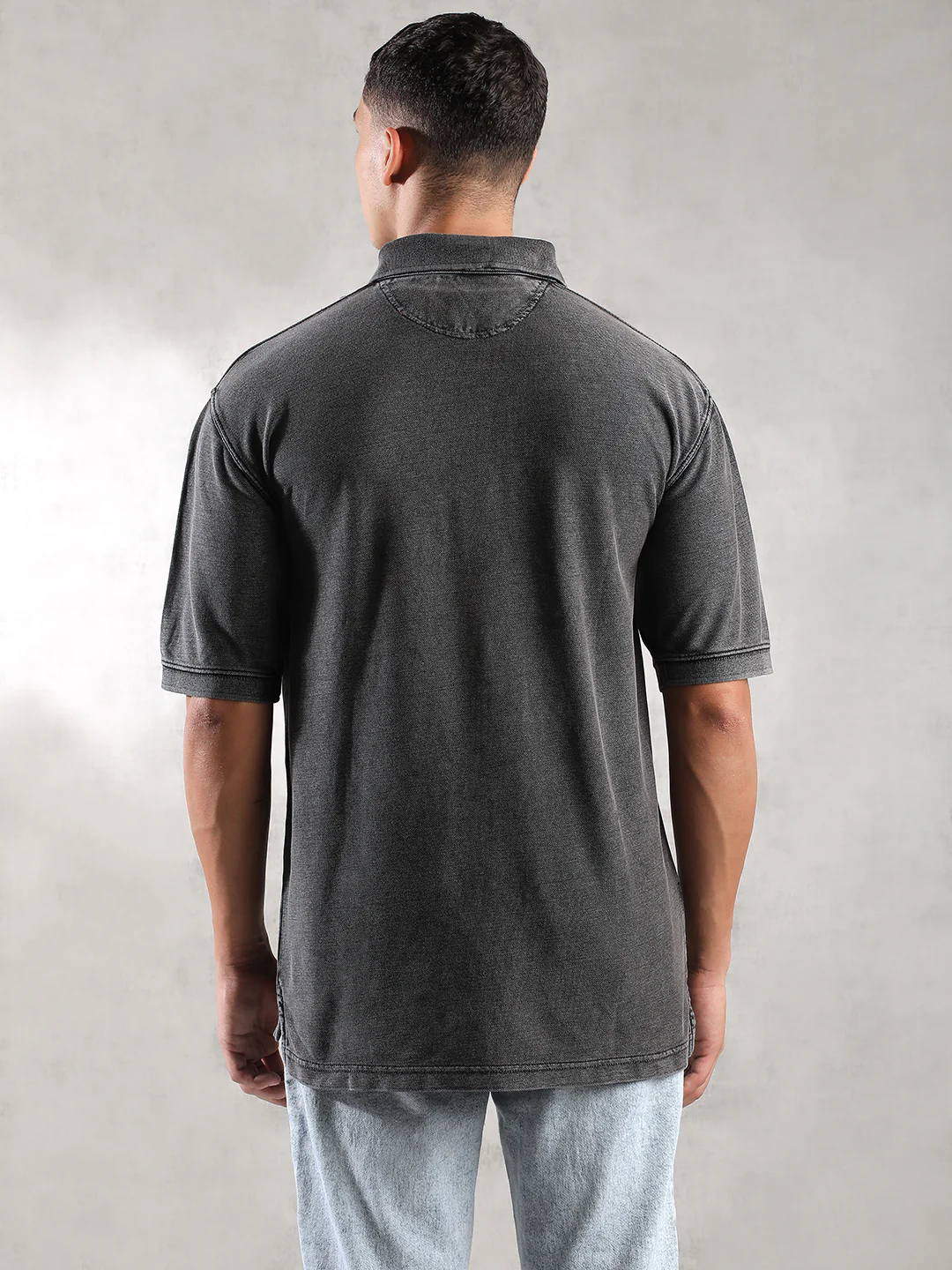 Men Charcoal Drop Shoulder Oversize Polo T-Shirt - Image 4