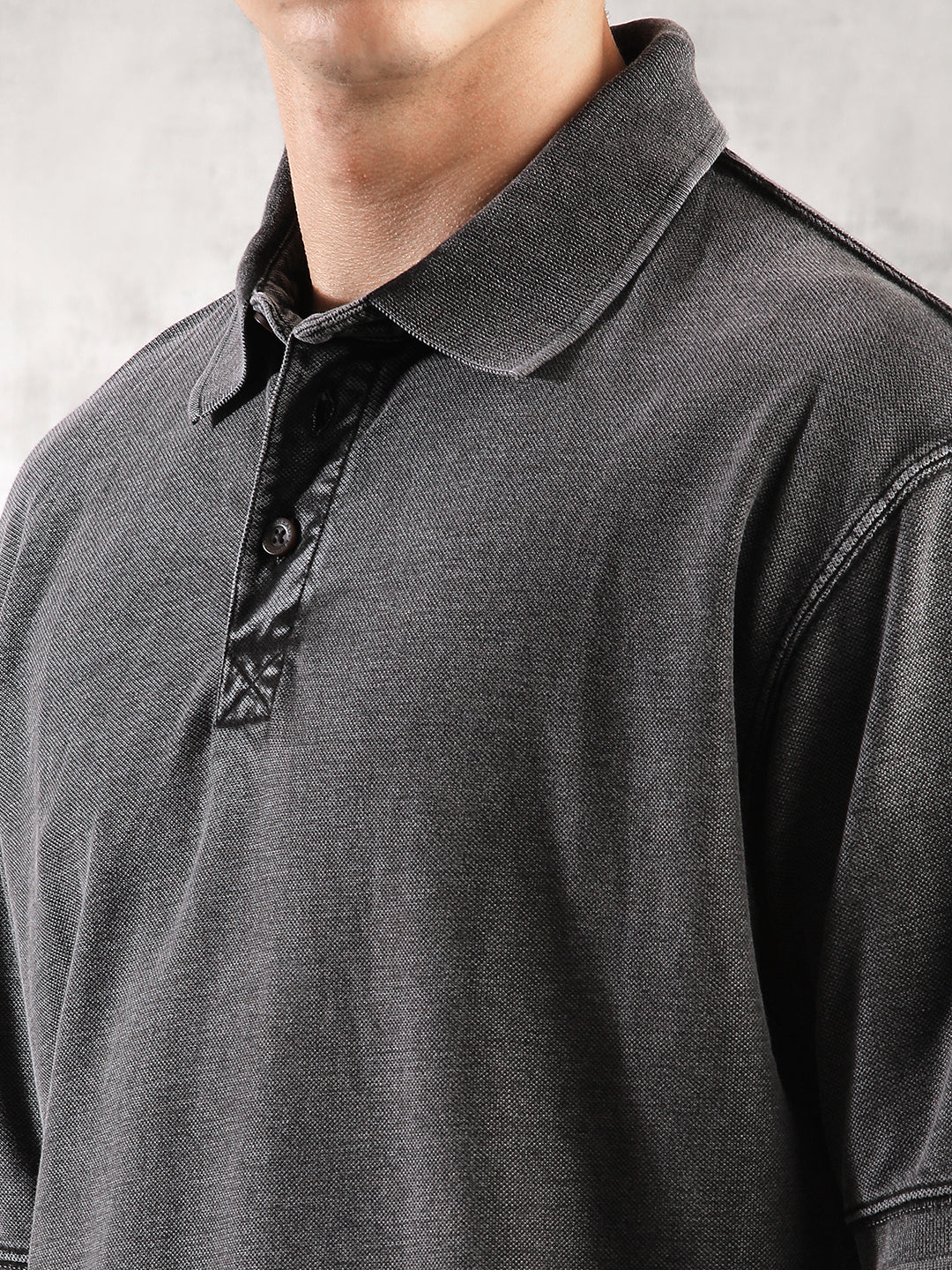 Men Charcoal Drop Shoulder Oversize Polo T-Shirt - Image 5