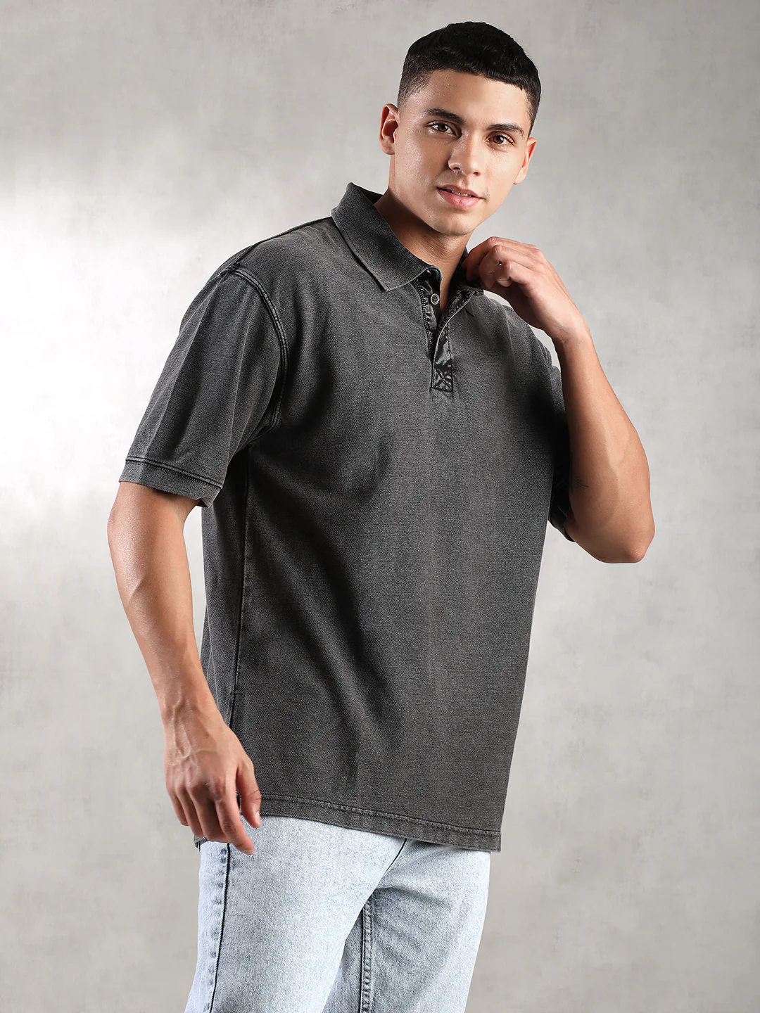 Men Charcoal Drop Shoulder Oversize Polo T-Shirt - Image 6