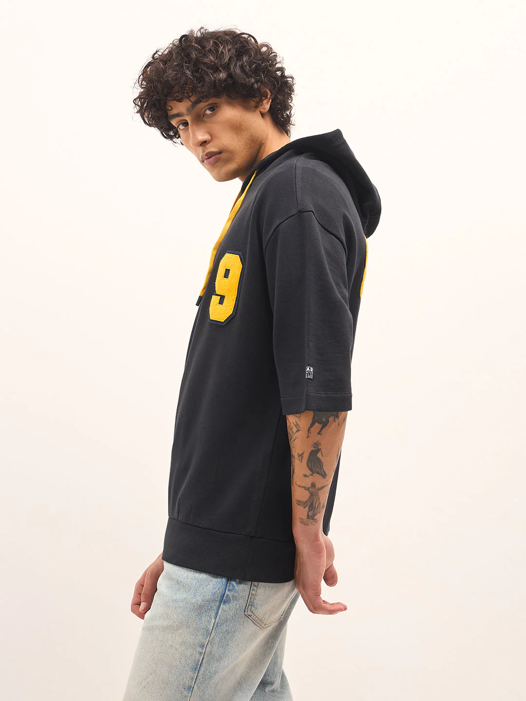 Men Black Relaxed Fit Half-Sleeve Hoodie - Image 2