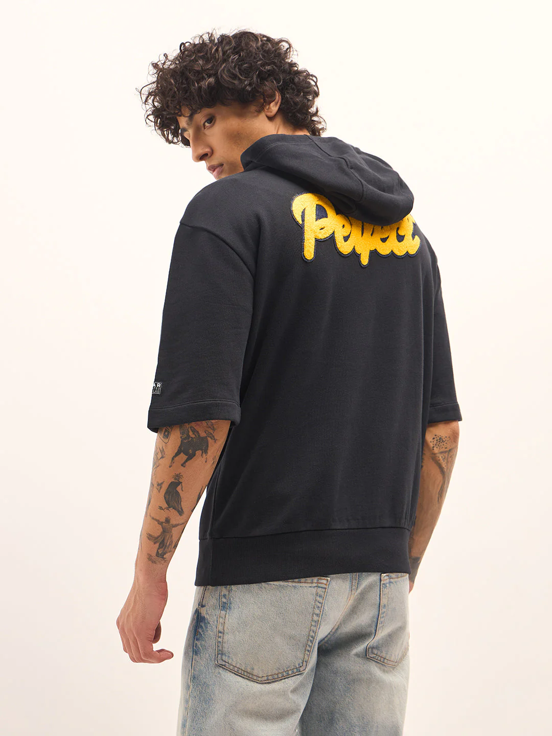 Men Black Relaxed Fit Half-Sleeve Hoodie - Image 3