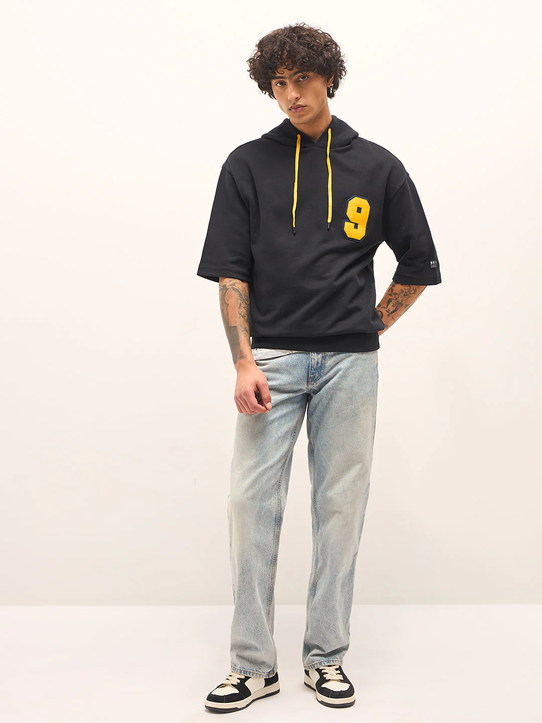 Men Black Relaxed Fit Half-Sleeve Hoodie - Image 4